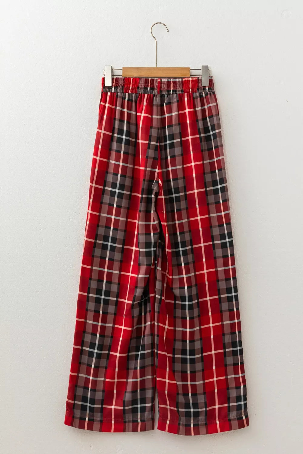 Plaid Elastic Waist Pocket Regular Full-Length Pants in red, hanger back view