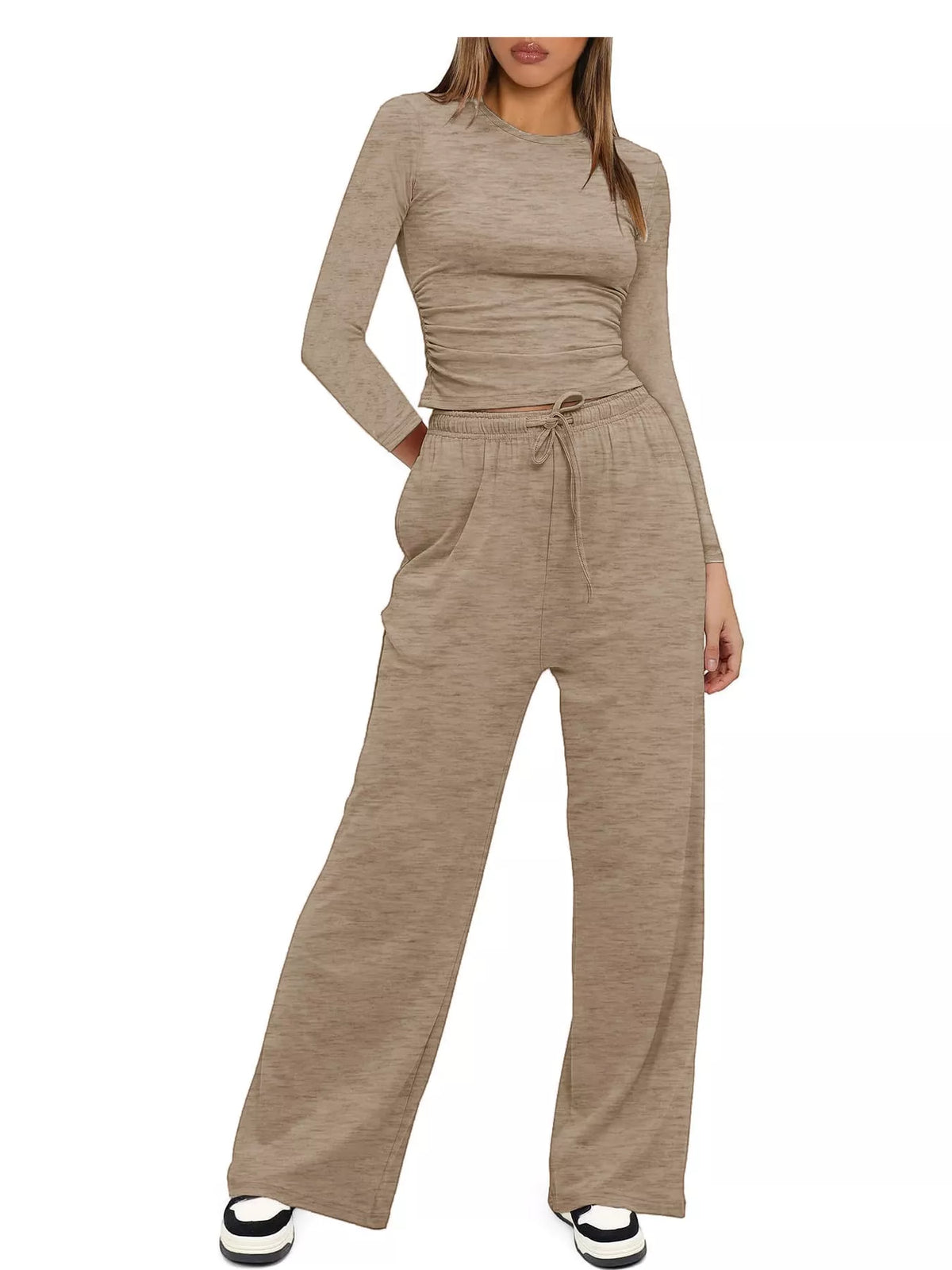 Long Sleeve Ruched Top and Wide-Leg Drawstring Pants Set — front view