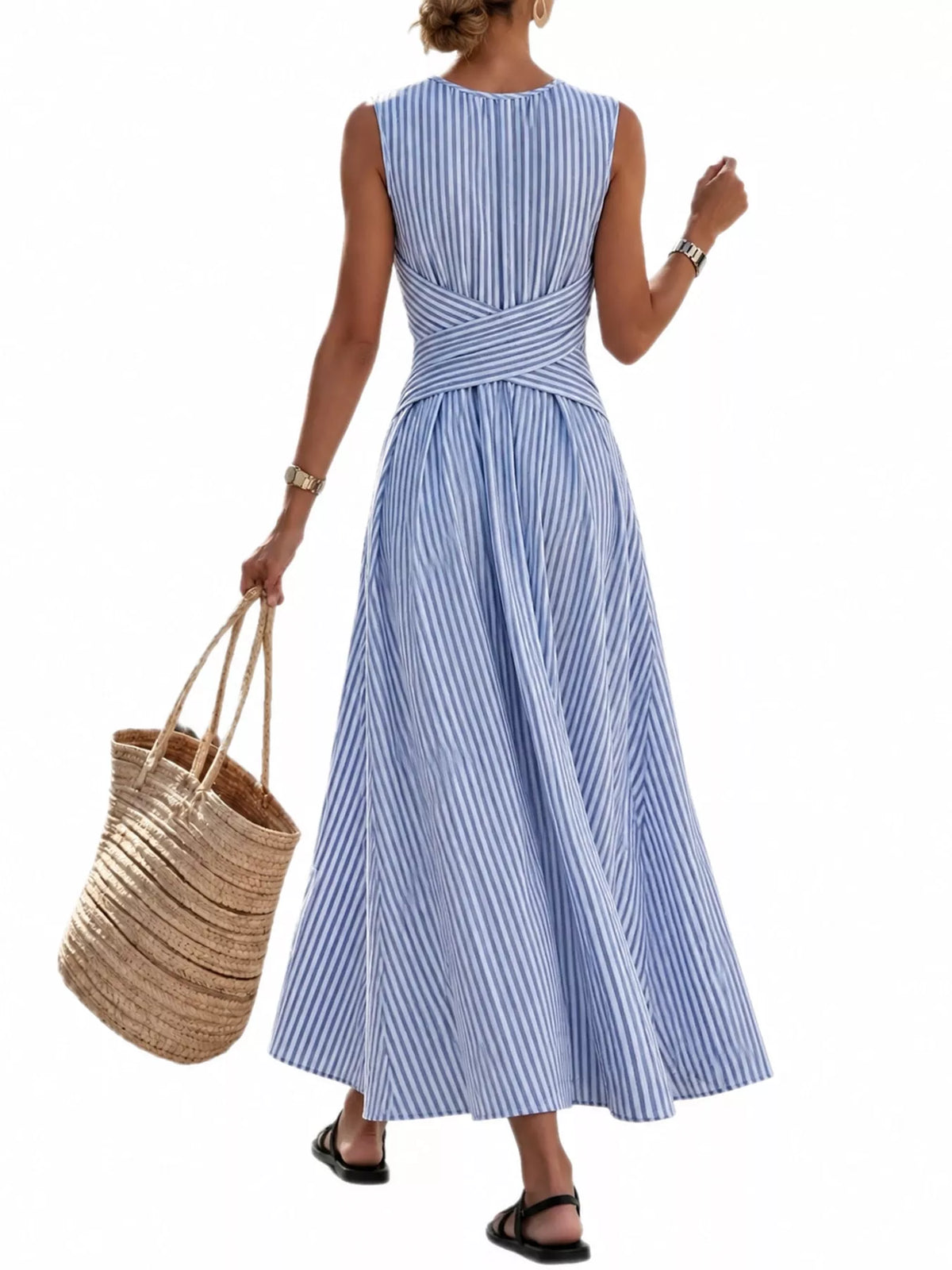 Women's Sleeveless Striped Maxi Dress with Criss-Cross Waist Detail in blue striped — back view