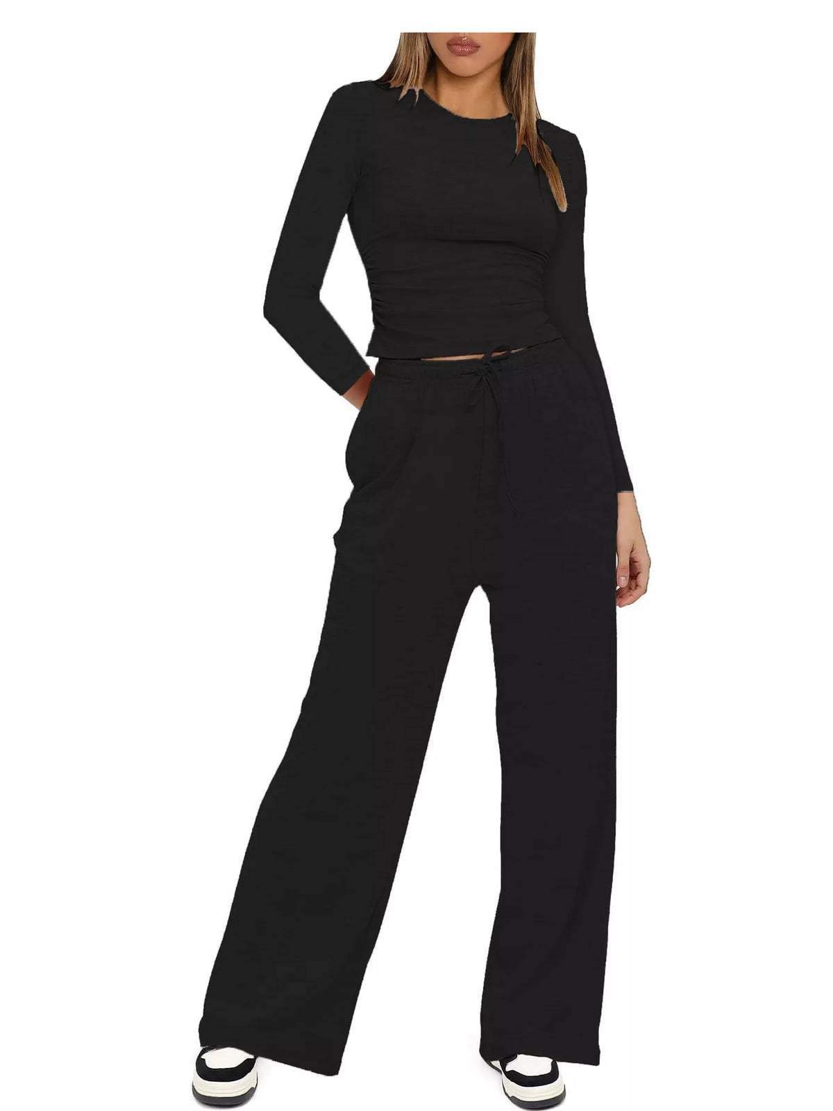 Long Sleeve Ruched Top and Wide-Leg Drawstring Pants Set — front view