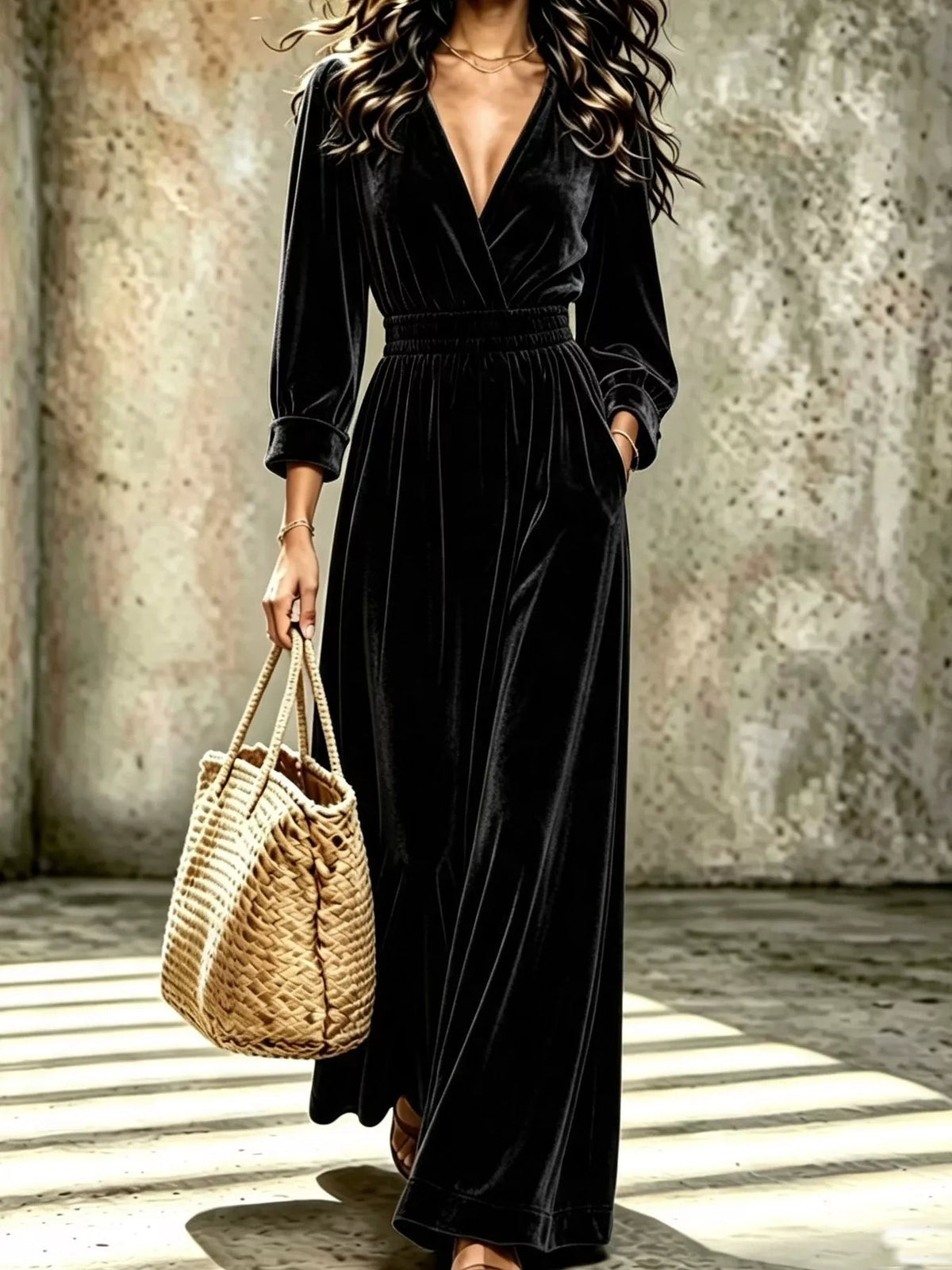 Velvet Surplice Long Sleeve Jumpsuit in black, front view