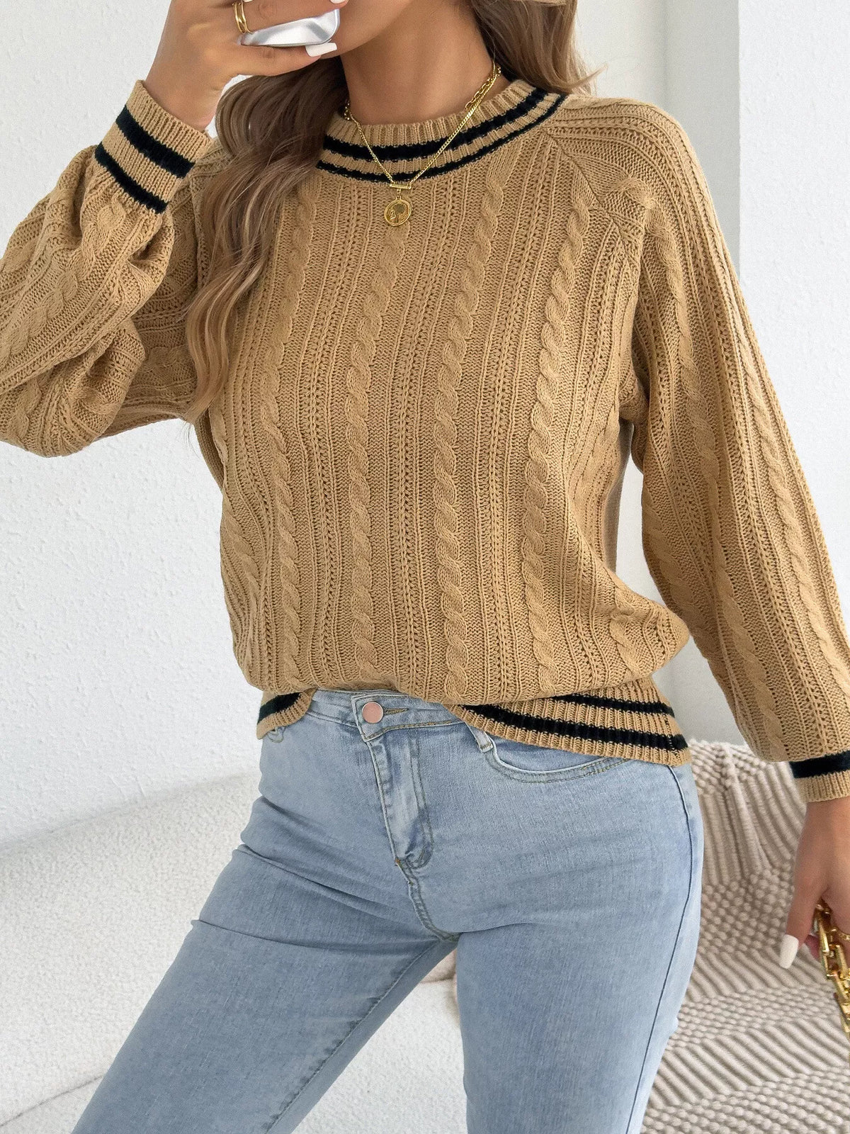 Burgundy striped trim cable knit sweater