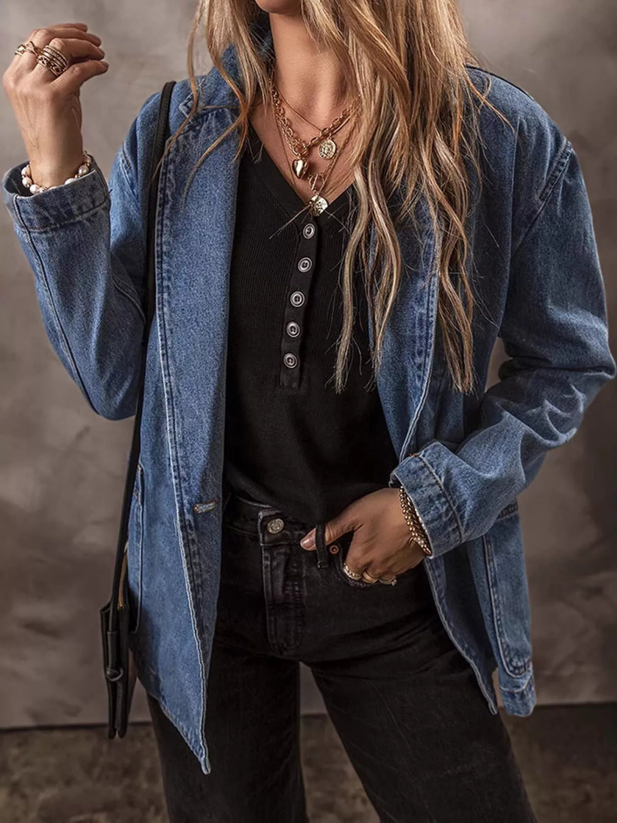 One-Button Denim Blazer Jacket, front view