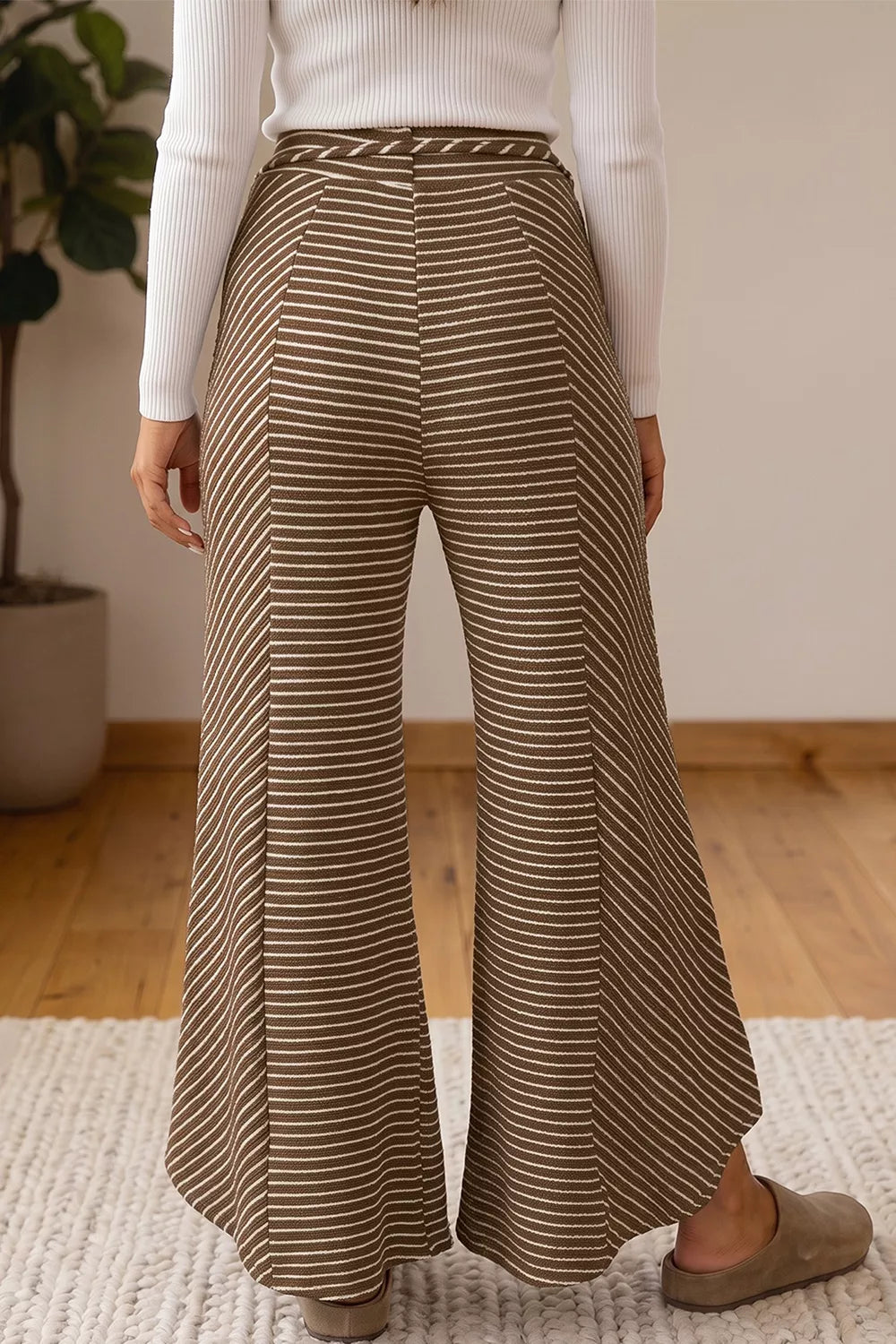 Brown striped wide-leg drawstring pants, back view