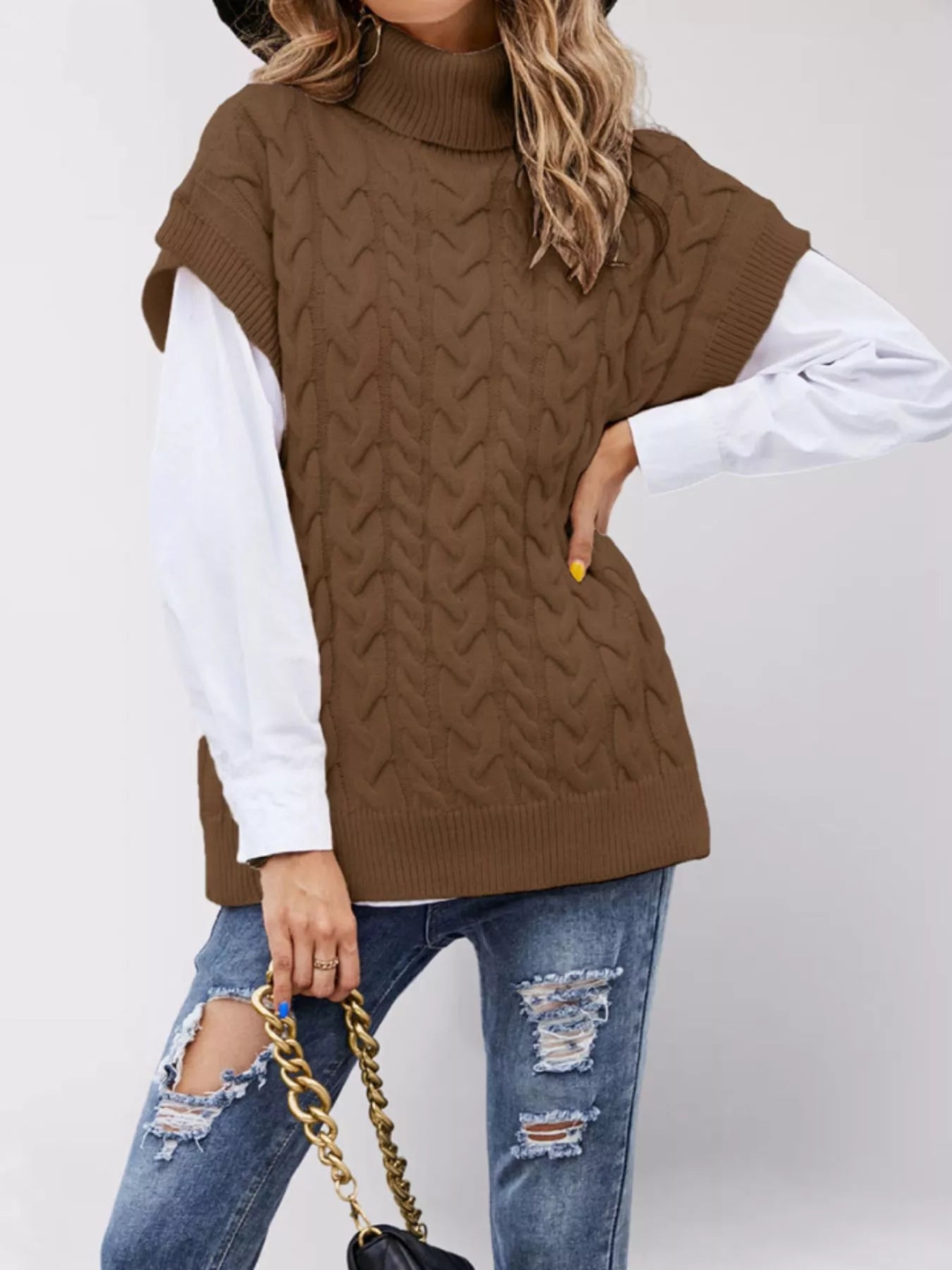 Trendsi Chunky Knit Turtleneck Cap Sleeve Sweater -