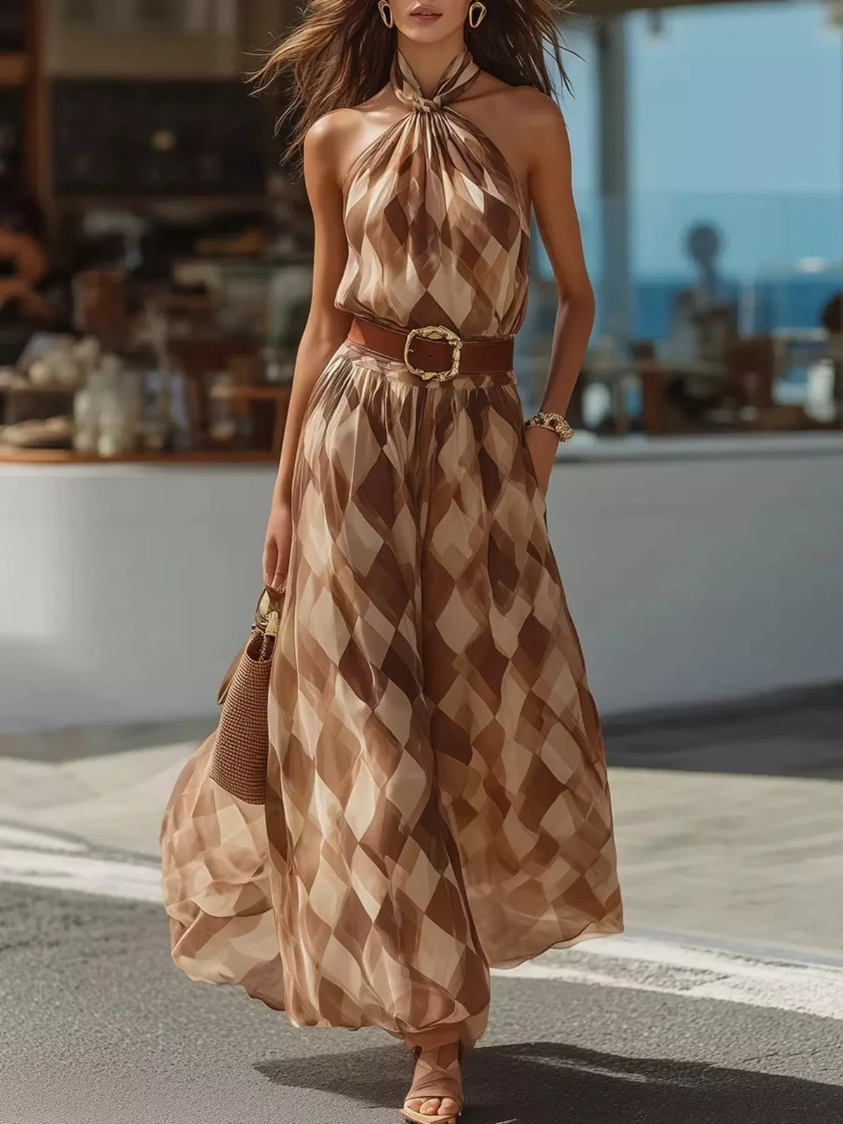 Women's Diamond Pattern Halter Neck Maxi Dress in Brown, front view