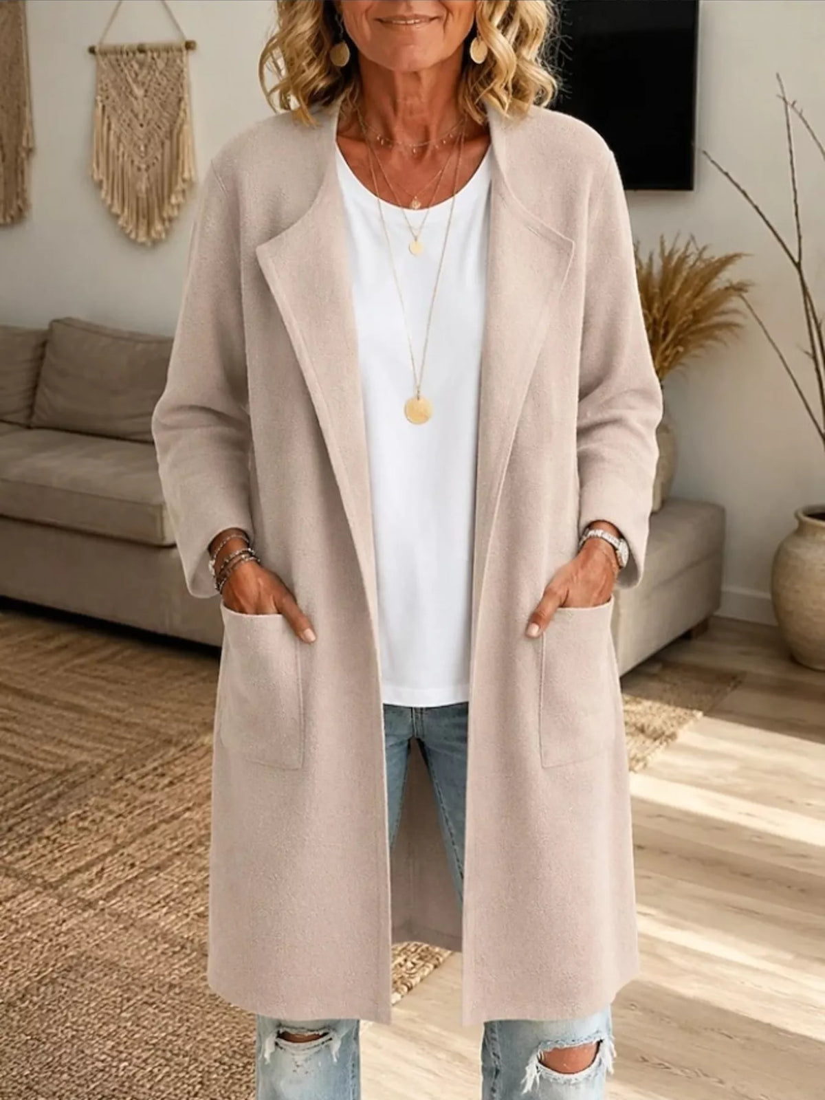 Beige open-front longline knit cardigan