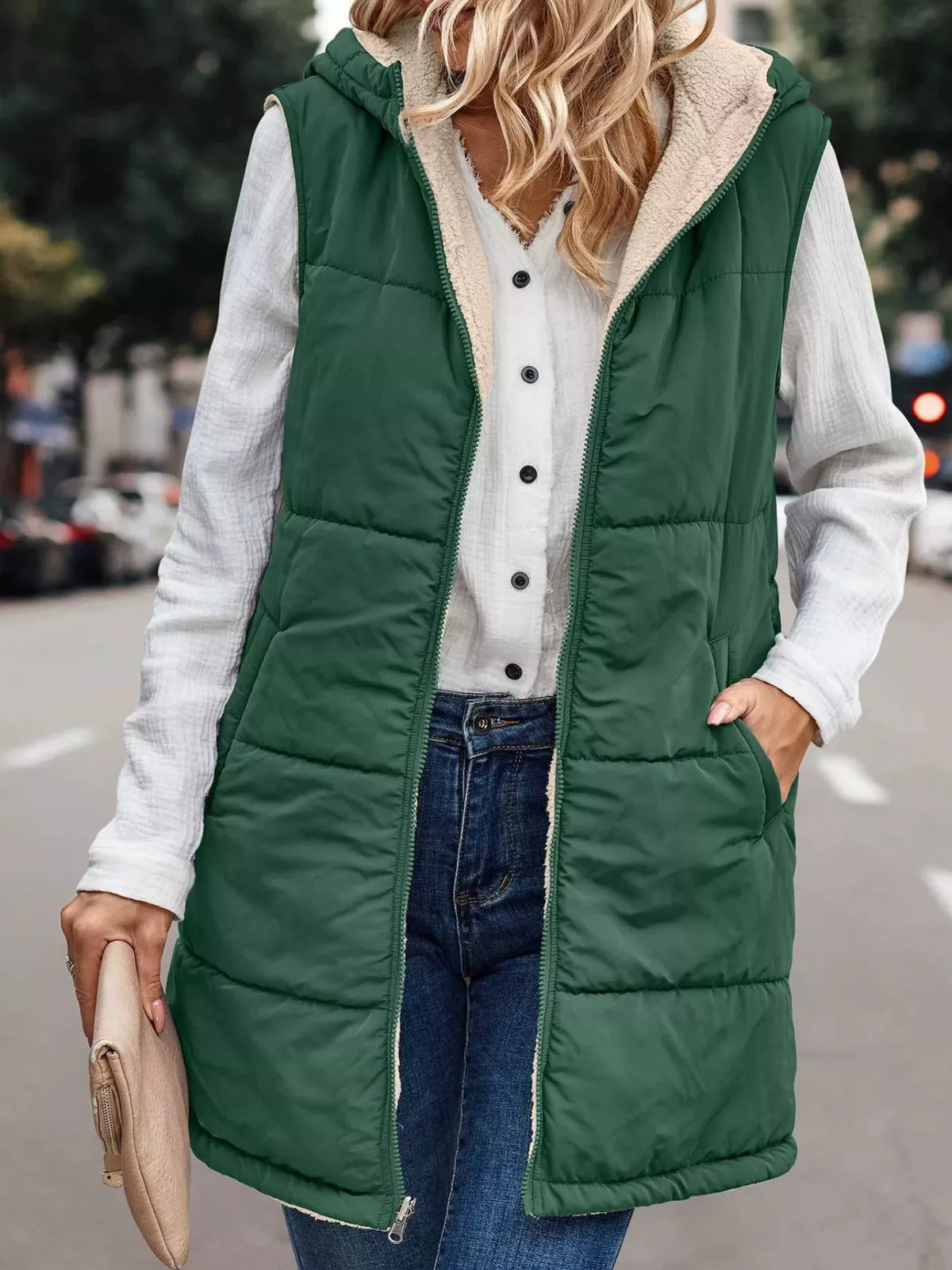 Green hooded sherpa-lined puffer vest