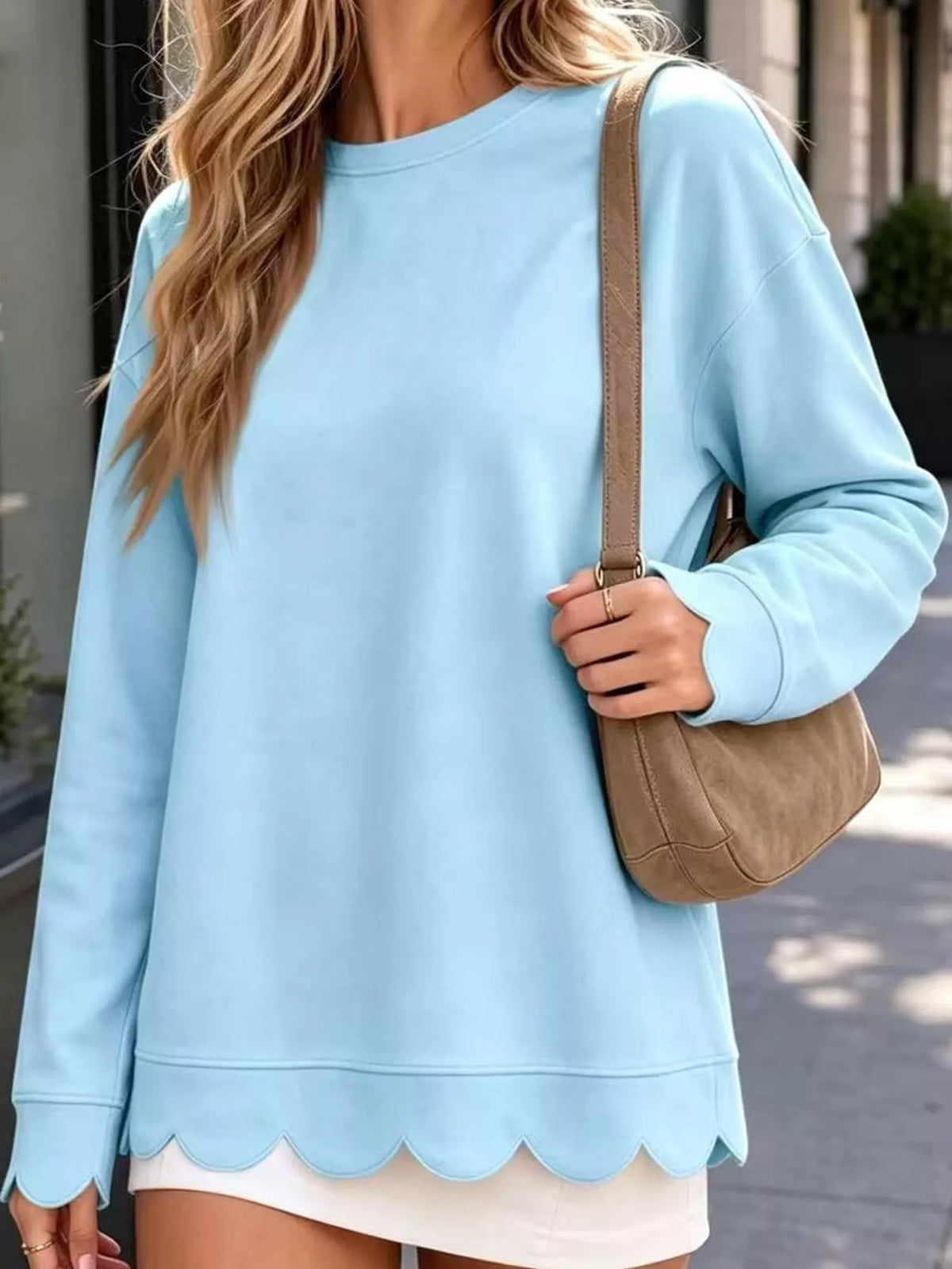 Light Blue scalloped hem crewneck sweatshirt