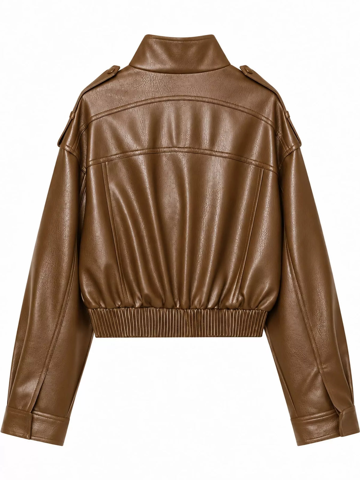 Brown faux leather cropped bomber jacket — back view
