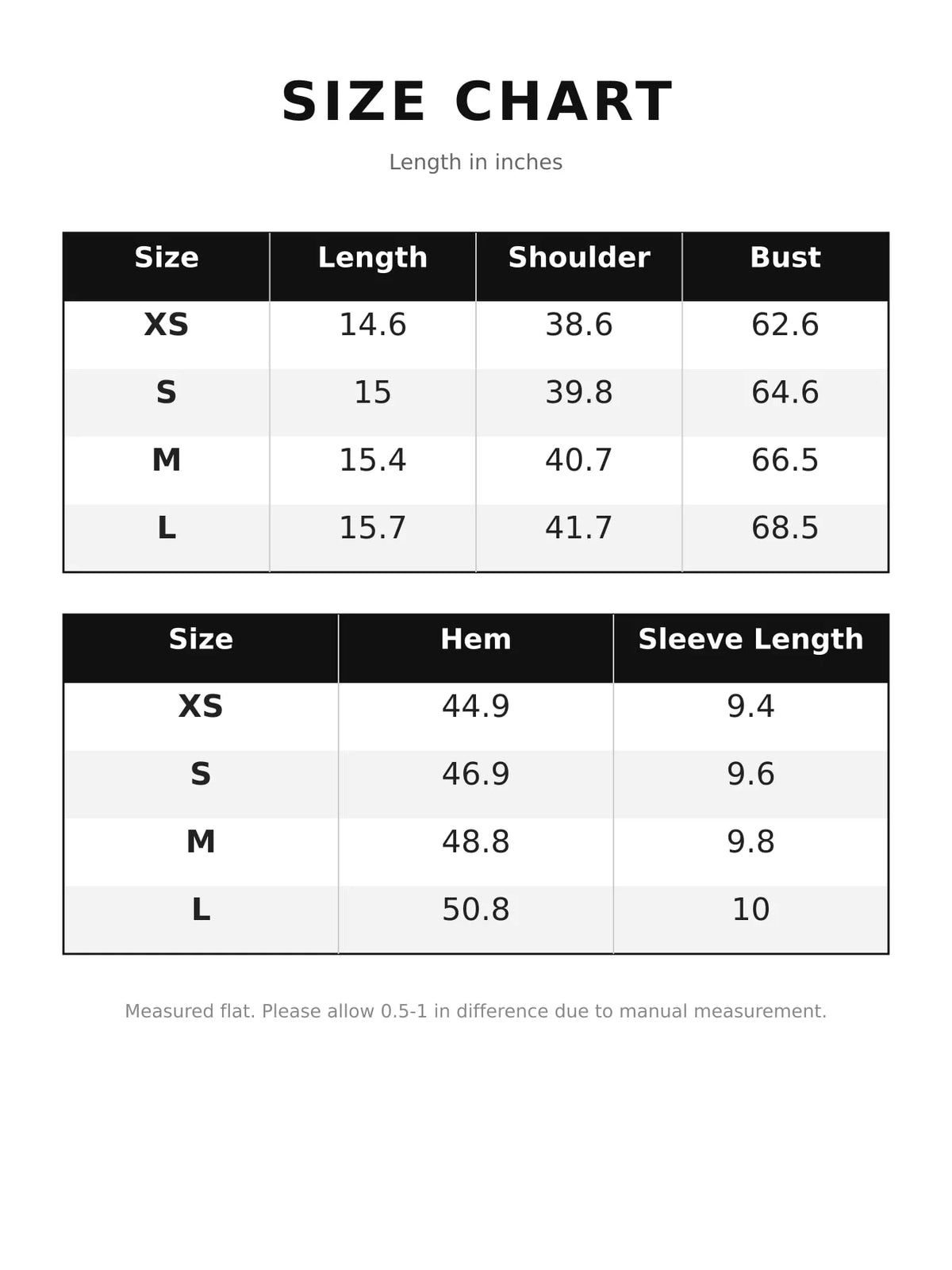 Size chart for long sleeve cropped sweatshirt