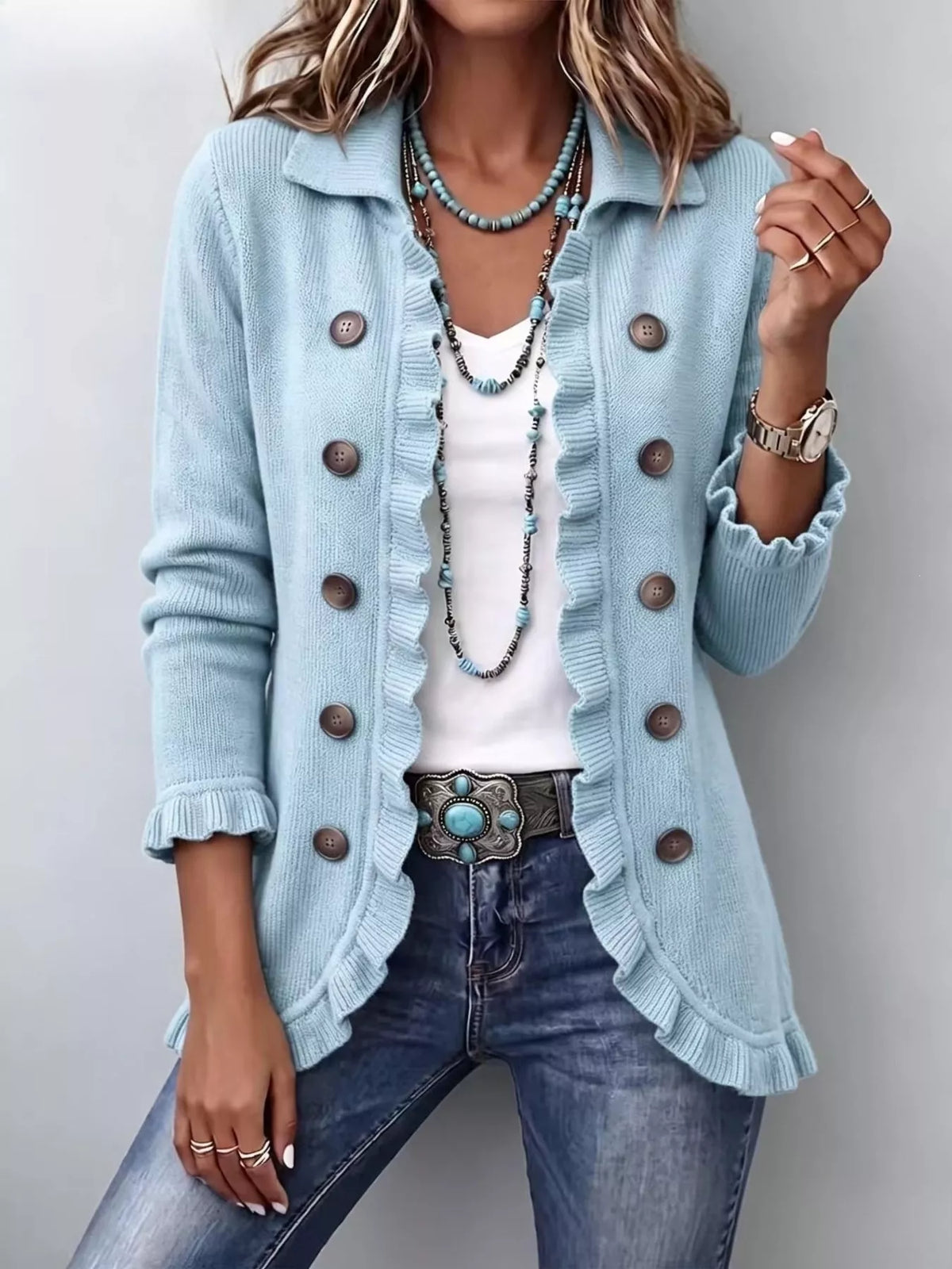 Sky blue ruffle-trim button-front cardigan