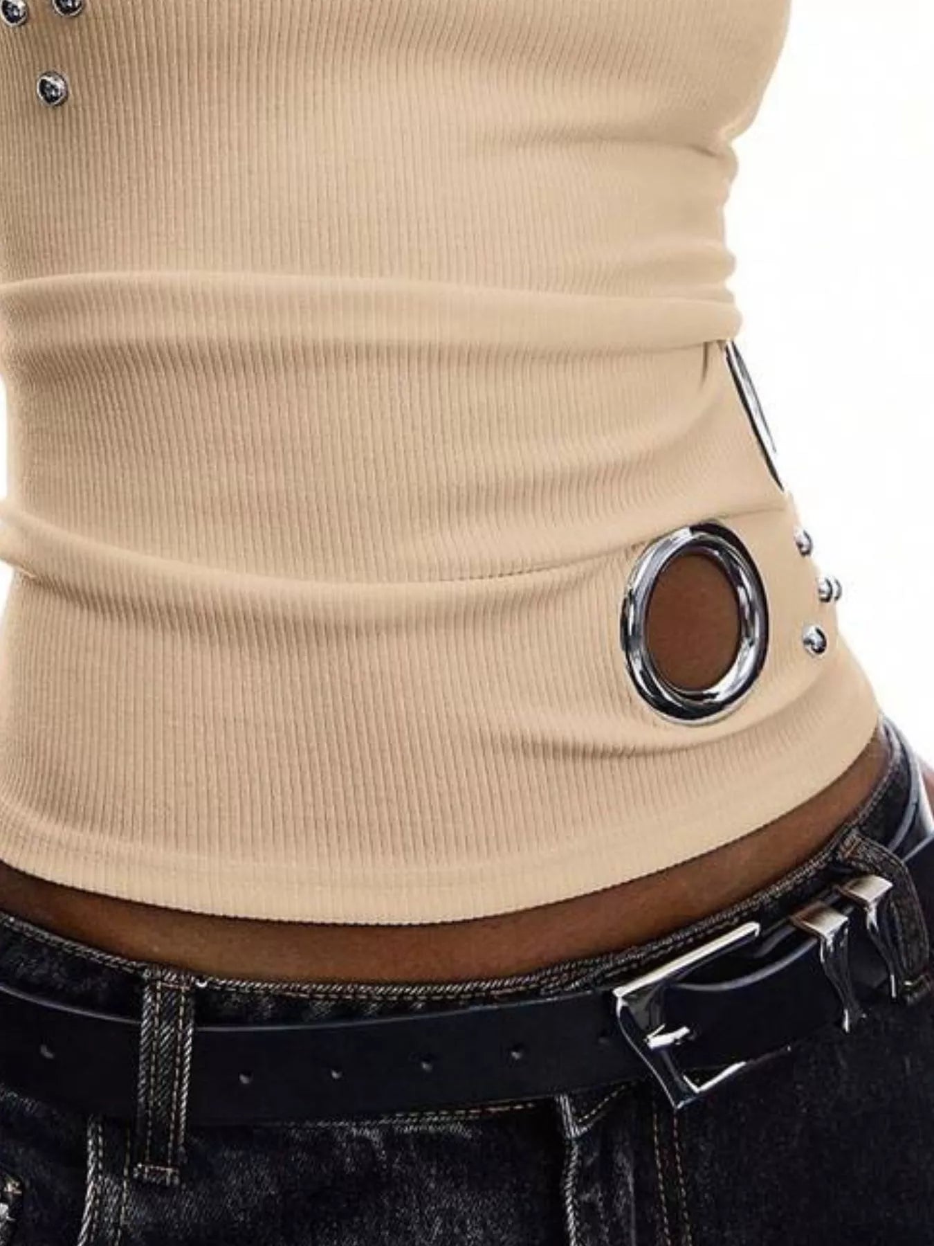 Trendsi Ribbed Tank Top with Metal Grommet Cutouts and Stud Embellishments -