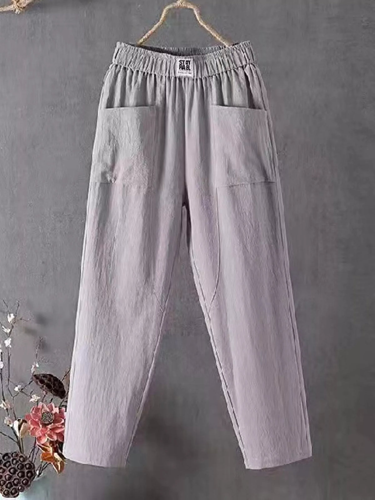 Linen-blend harem pants, gray hanging front
