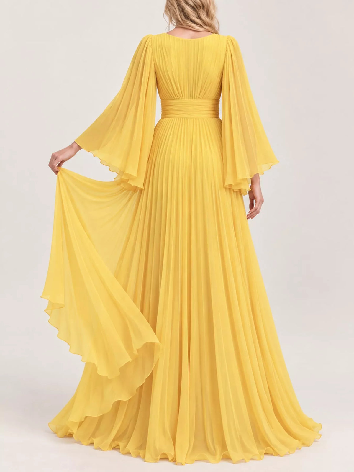 Yellow v-neck pleated maxi dress, back view