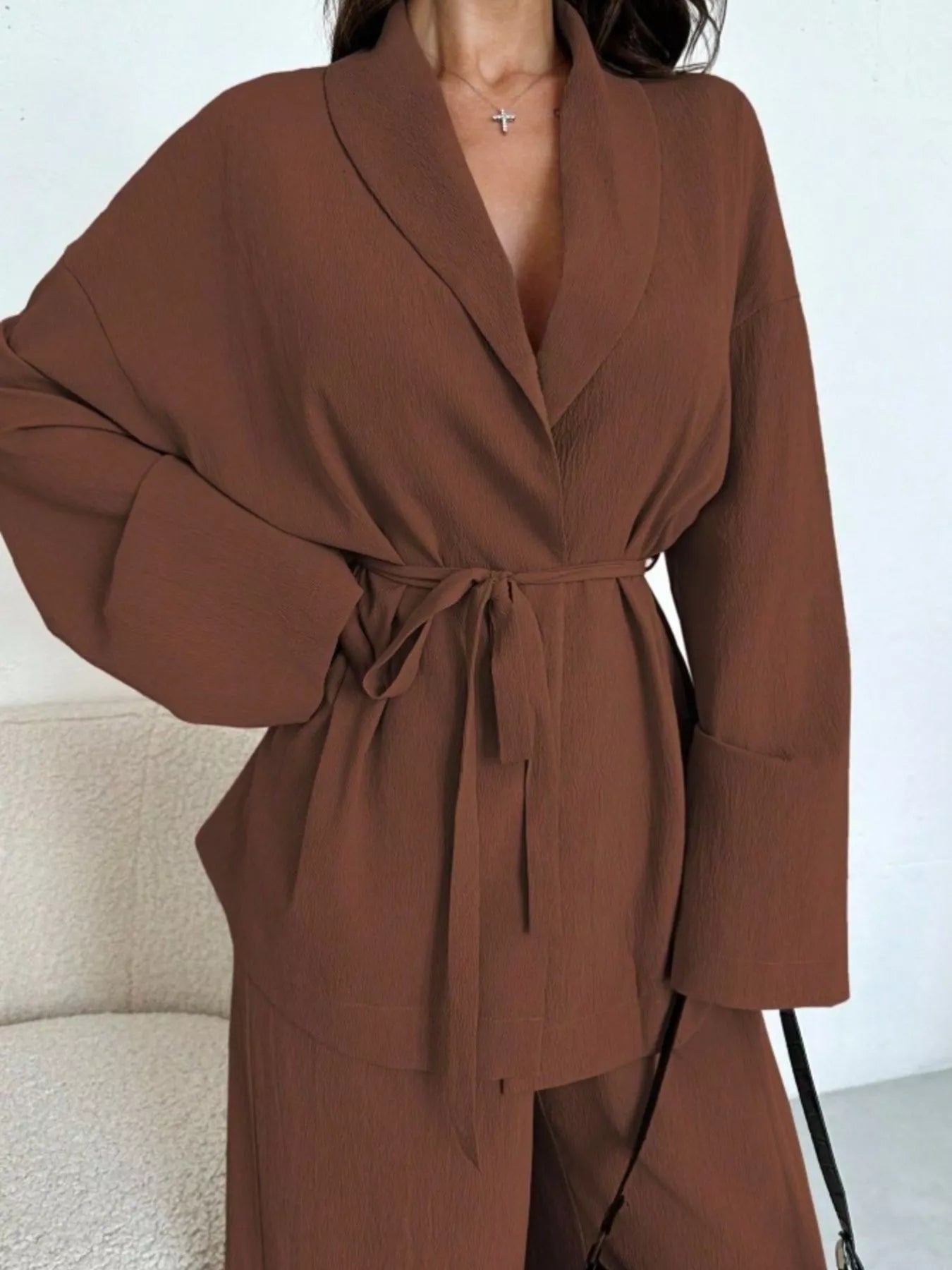 Trendsi Textured Tie Waist Top and Wide-Leg Pants Set -