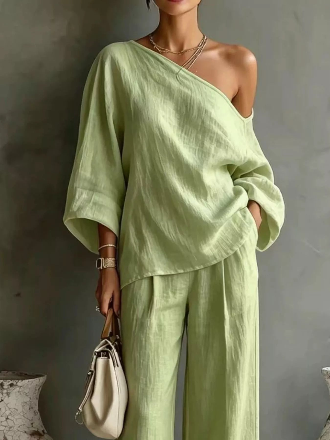 Trendsi One Shoulder Top and Wide Leg Pants Set -