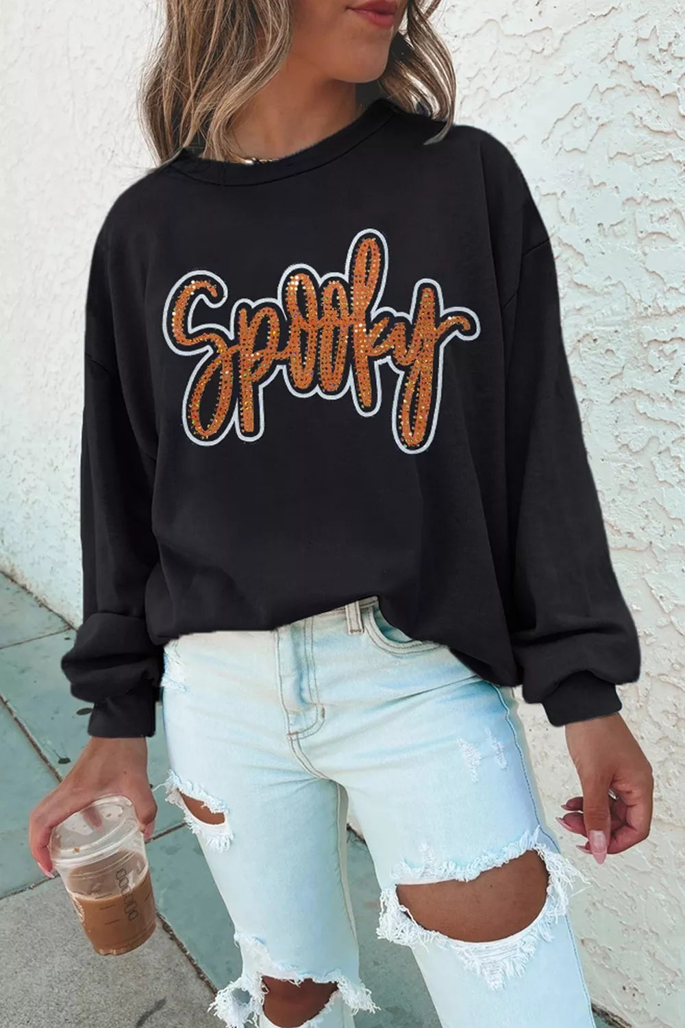Trendsi Spooky Rhinestone Drop Shoulder Sweatshirt -