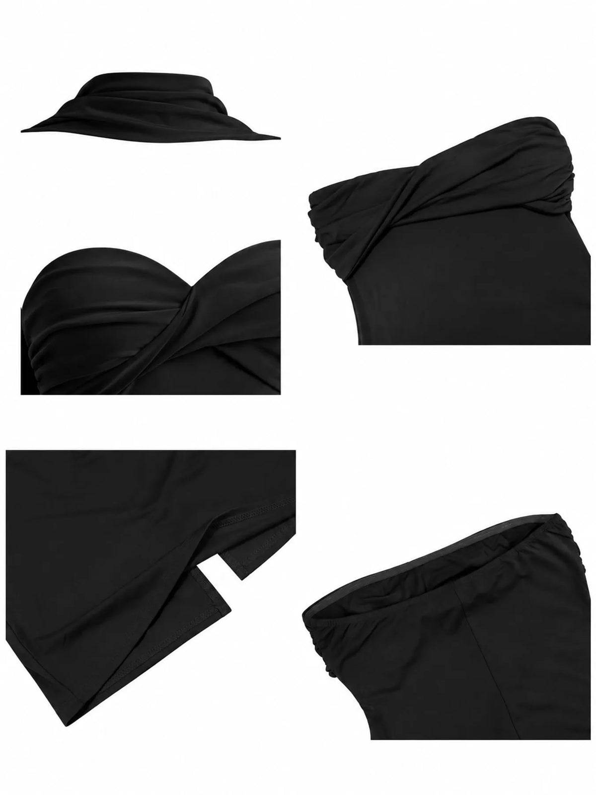 Black strapless ruched bodycon maxi dress with scarf, detail view