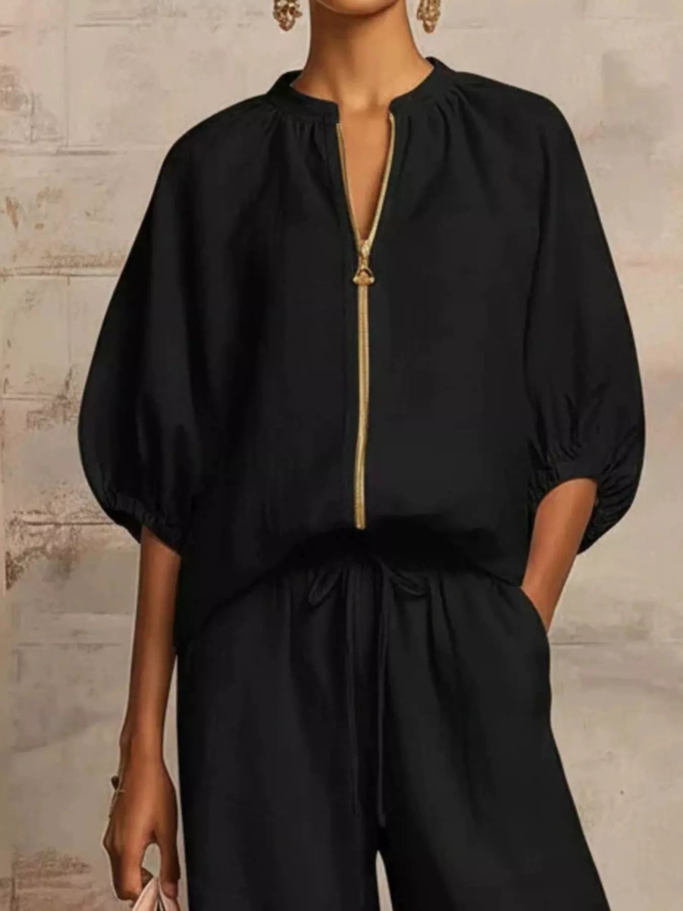 Zip-front top and wide-leg pants set