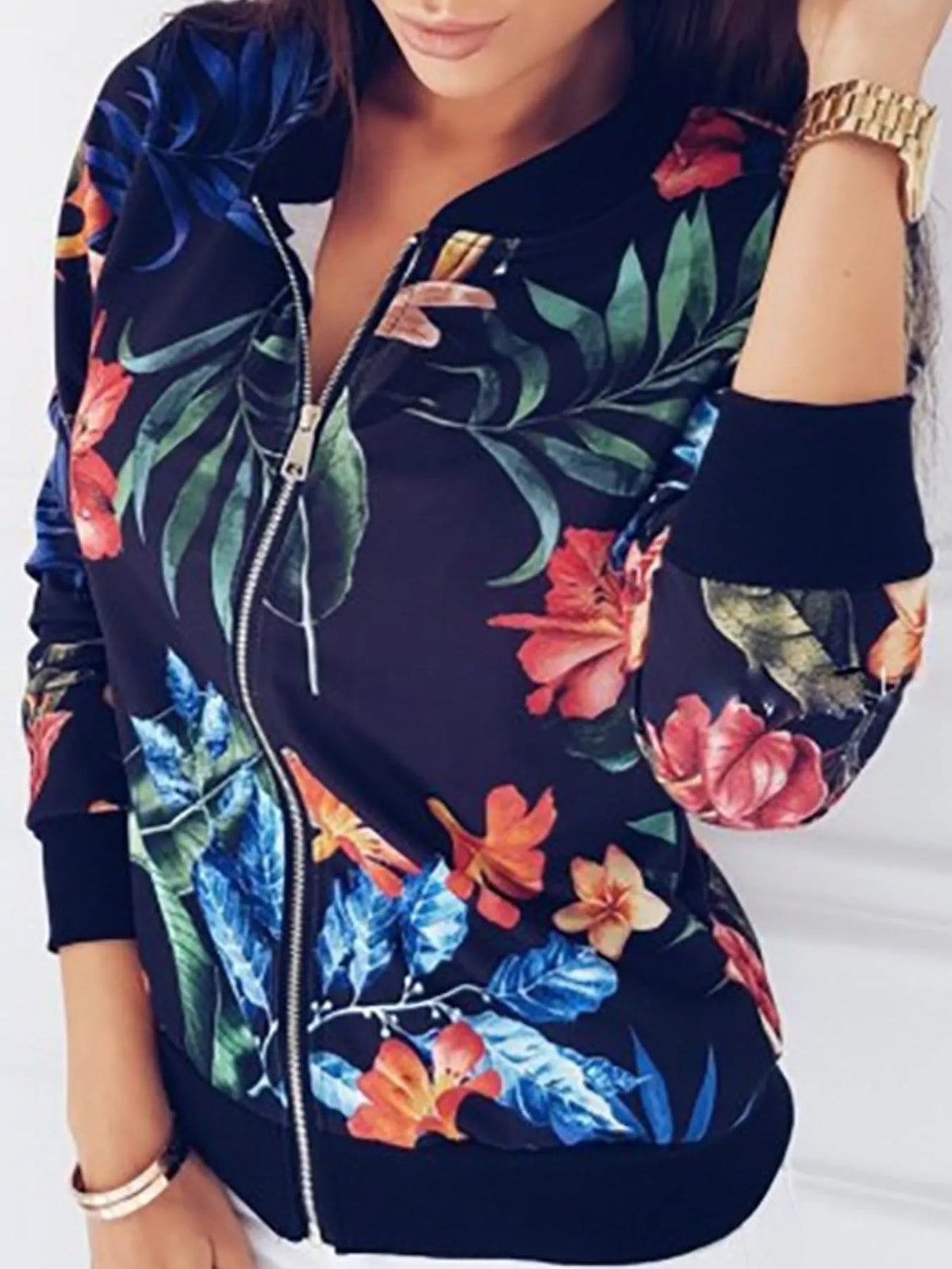 Navy tropical floral printed zip-up bomber jacket — front view