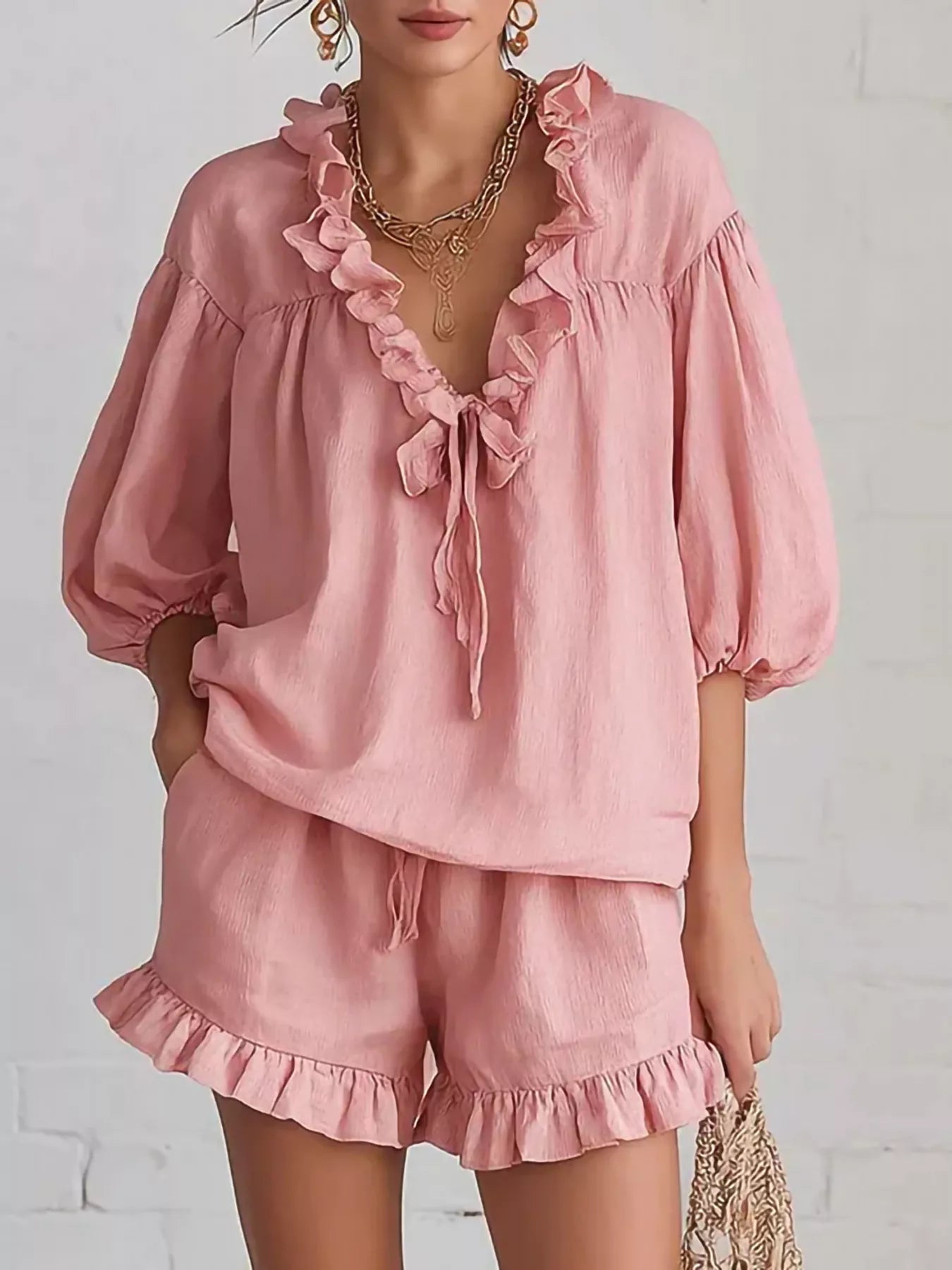 Trendsi Ruffled V-Neck Blouse and Shorts Set -