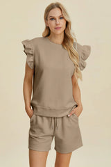 Trendsi Double Take Full Size Texture Round Neck Ruffle Sleeve Top and Shorts Set -