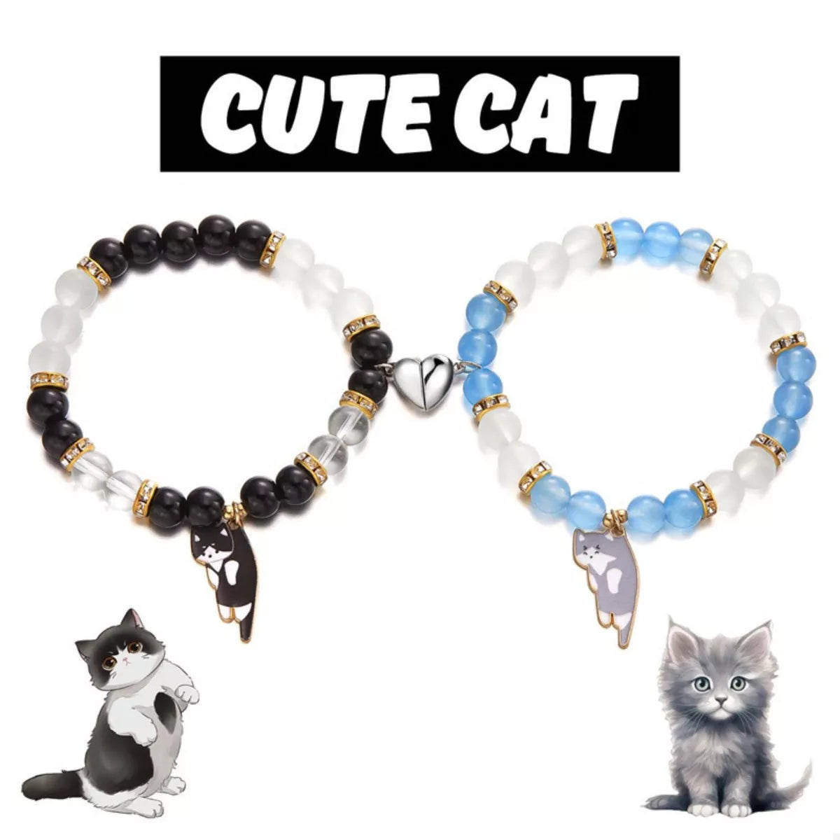 Trendsi 2 Piece Beaded Cat Charm Bracelet -