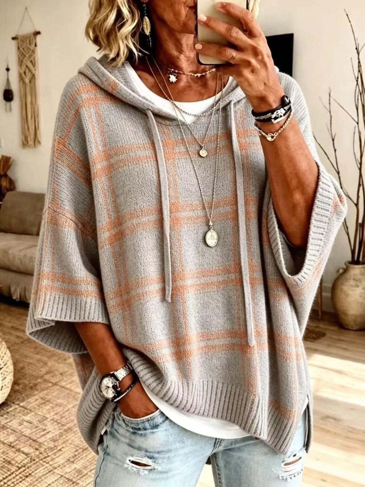Gray plaid hooded sweater, front view