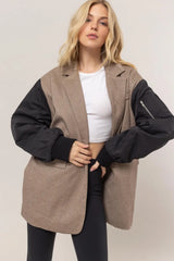 Trendsi HYFVE Herringbone Mixed Media Contrast Long Sleeve Blazer -