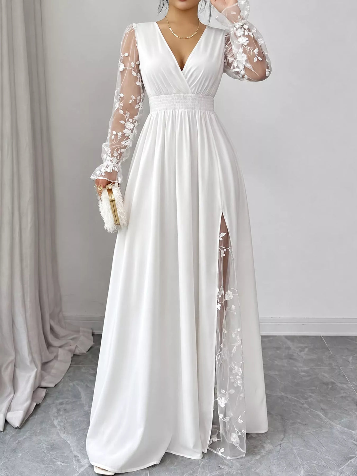V-neck long sleeve maxi dress, front view on model