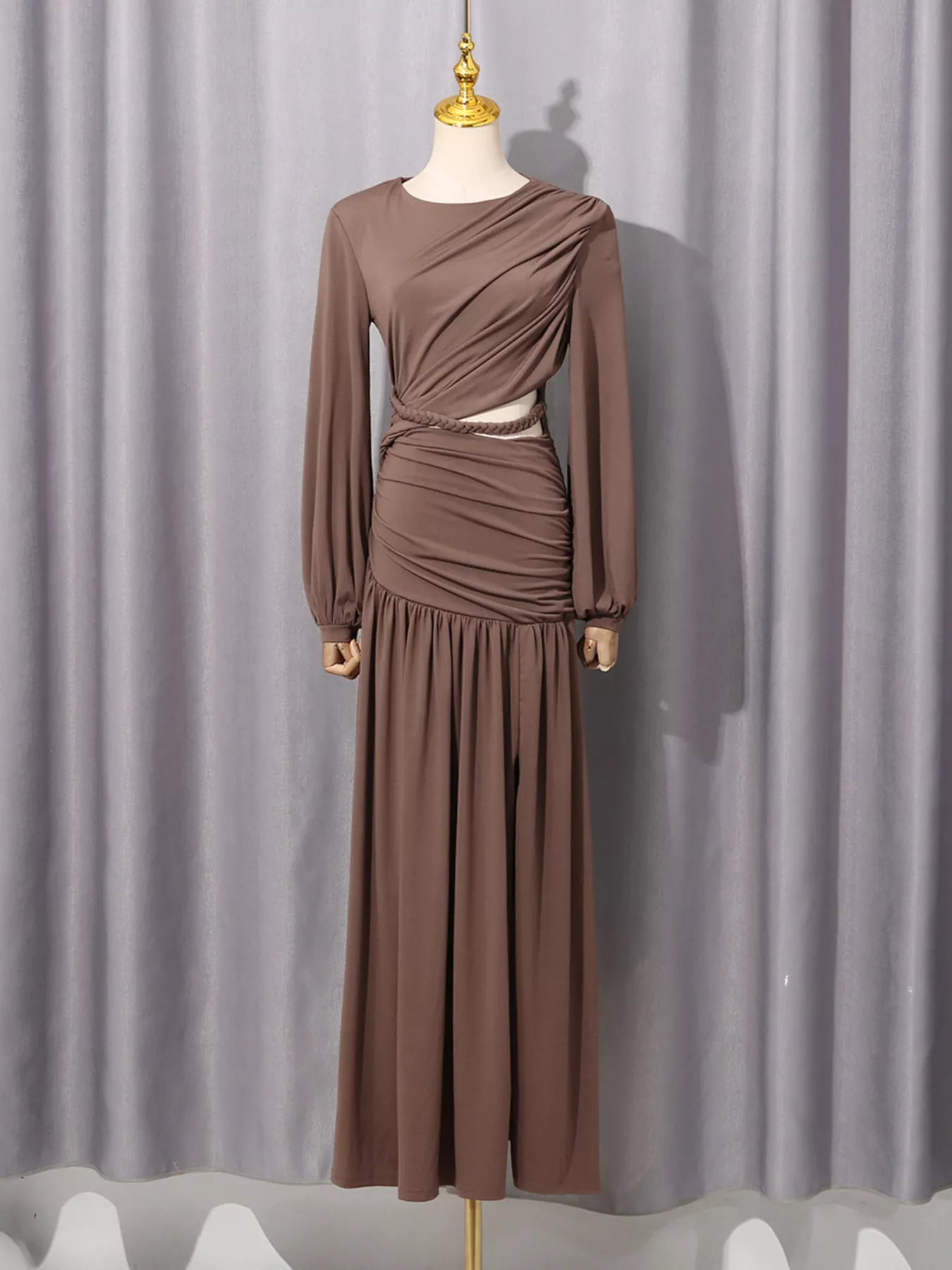 Trendsi Ruched Long-Sleeve Maxi Dress with Cutout Detail -