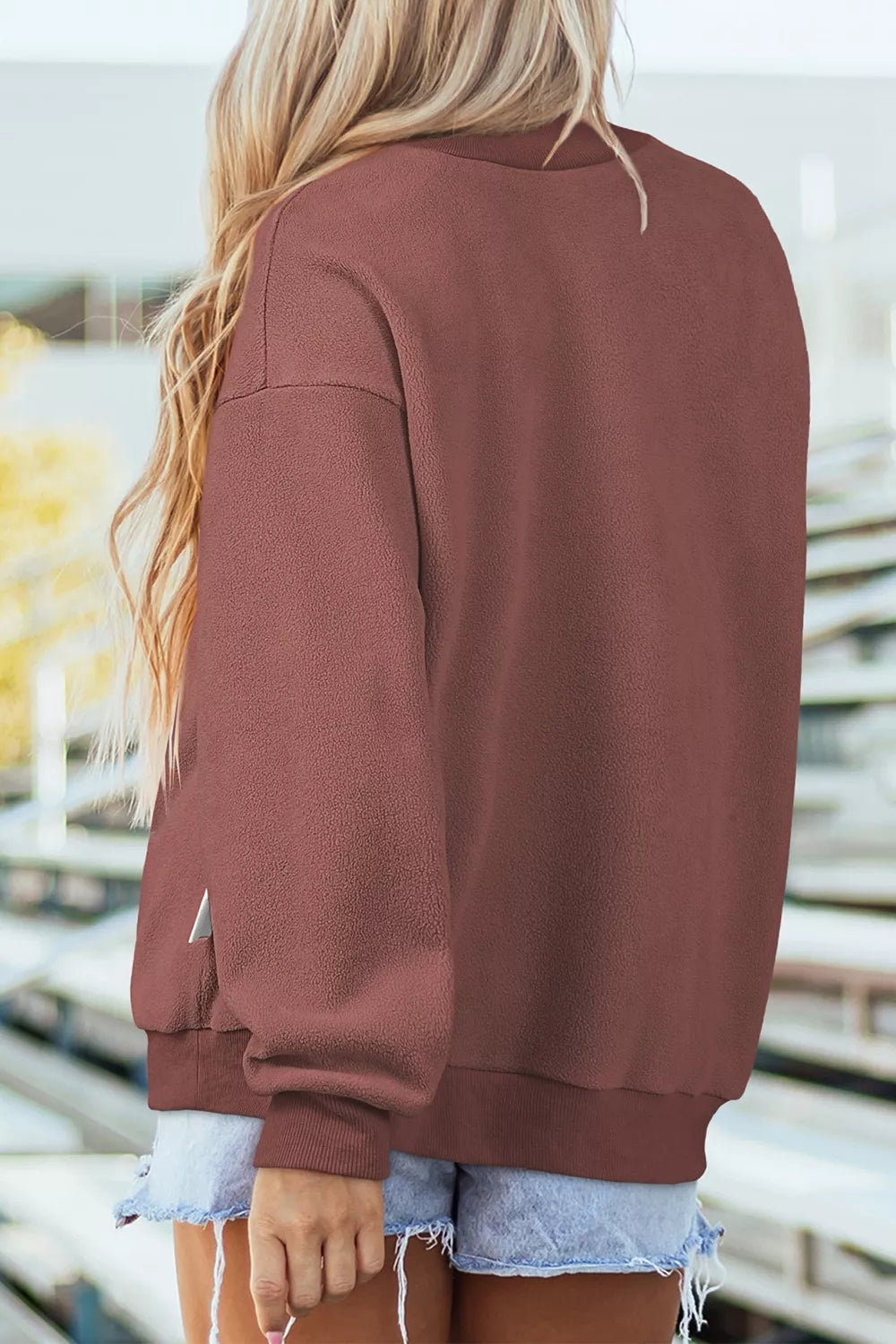 Brown thanksgiving high neck graphic sweatshirt, back view