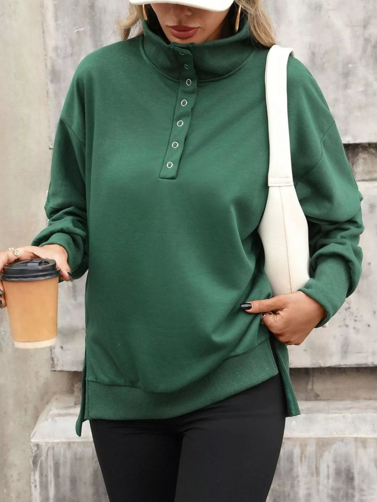 Women's side-slit half-snap sweatshirt