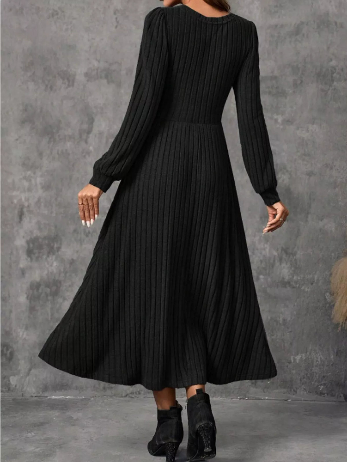 Women's Ribbed Knit Long Sleeve A-Line Midi Dress in black — back view