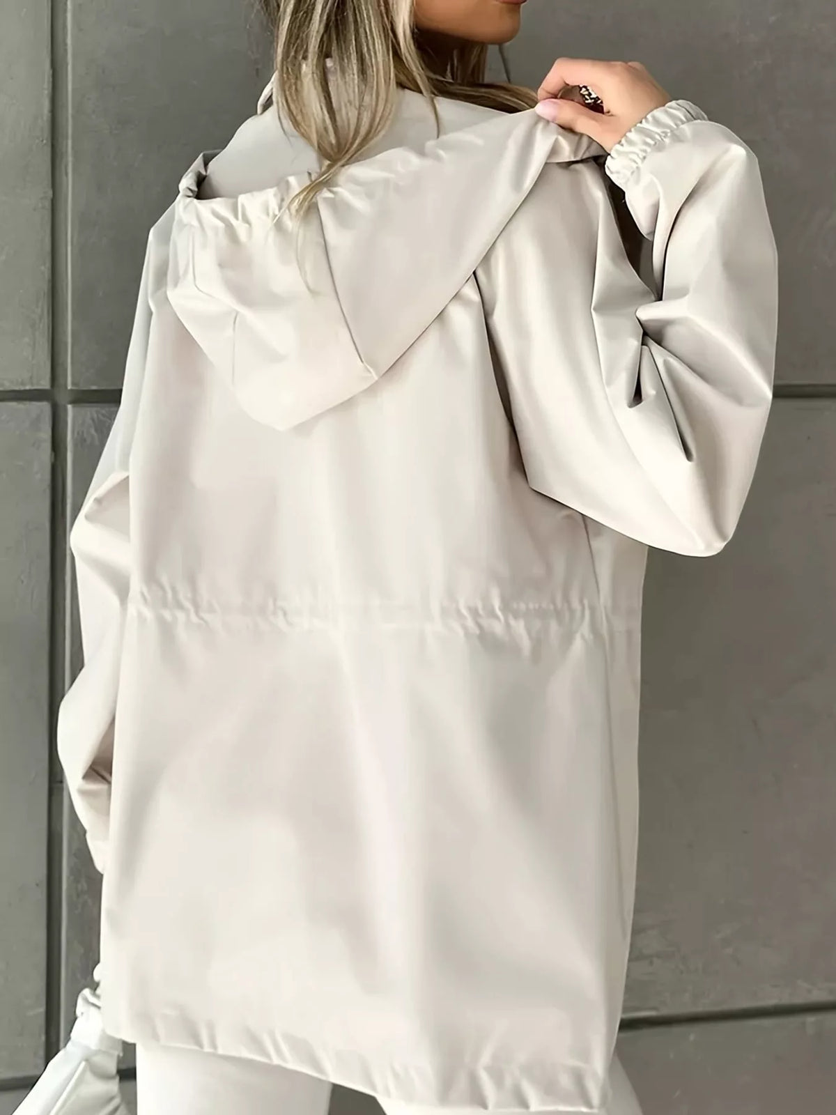 Apricot hooded drawstring waist windbreaker jacket, back view