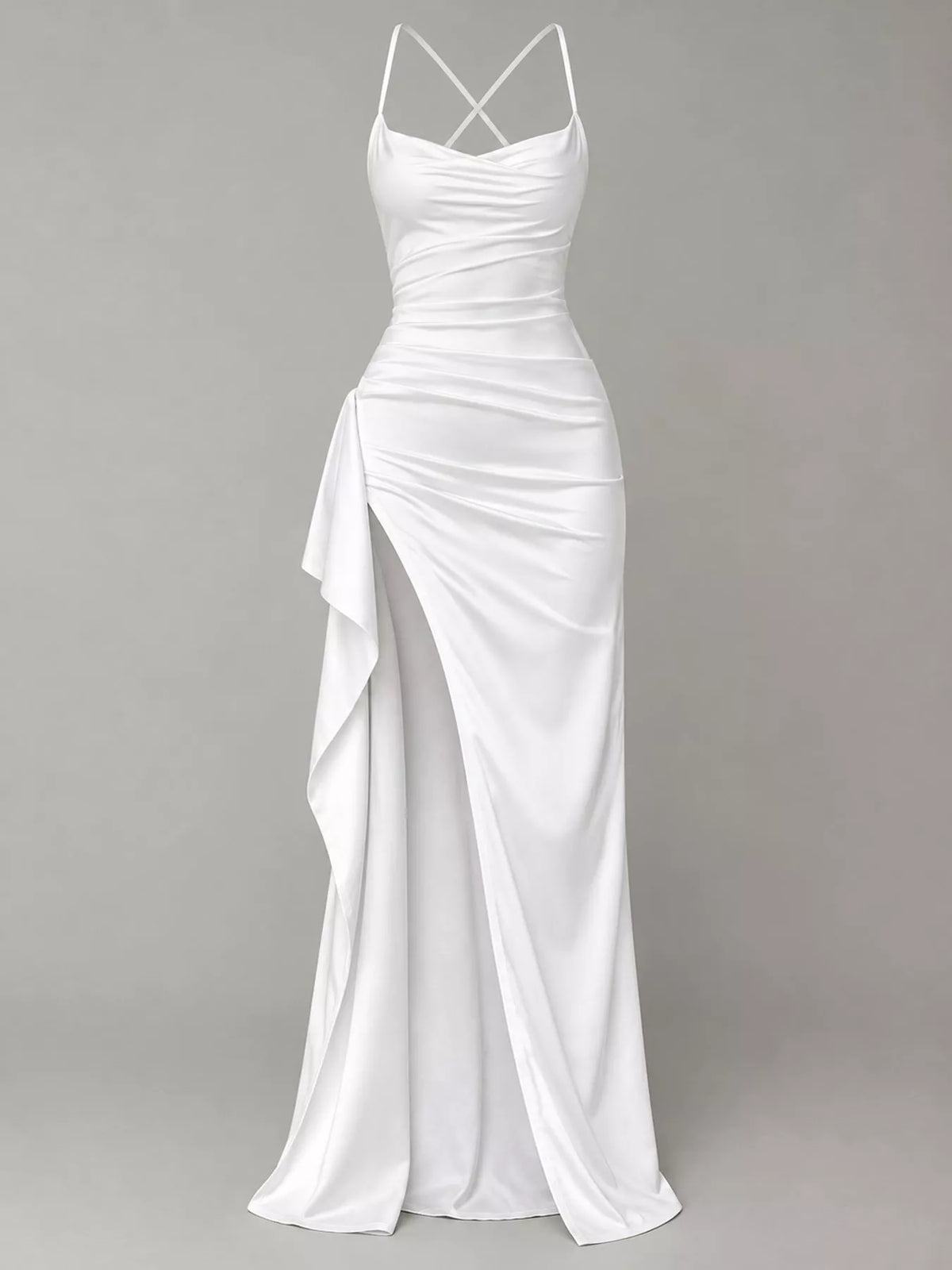 White satin ruched high slit maxi dress, front view