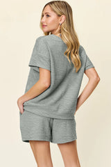 Trendsi Double Take Full Size Texture Short Sleeve T-Shirt and Drawstring Shorts Set -