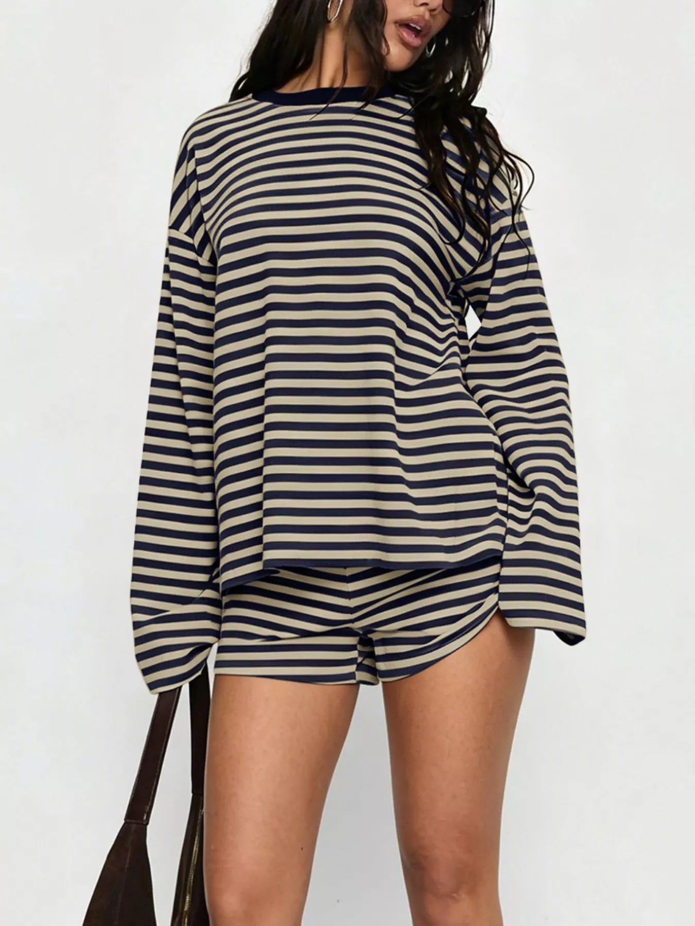 Trendsi Striped Long-Sleeve Top and Shorts Set -