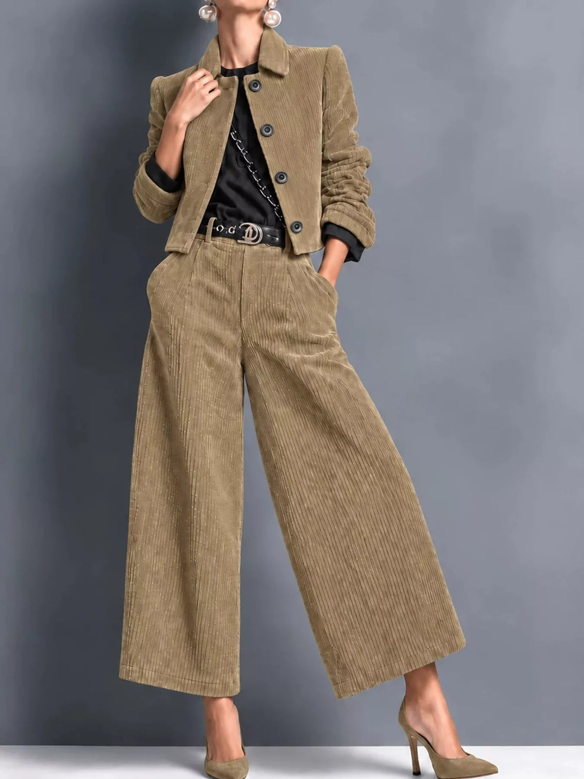 Corduroy Button Up Blazer and Pants Set in khaki