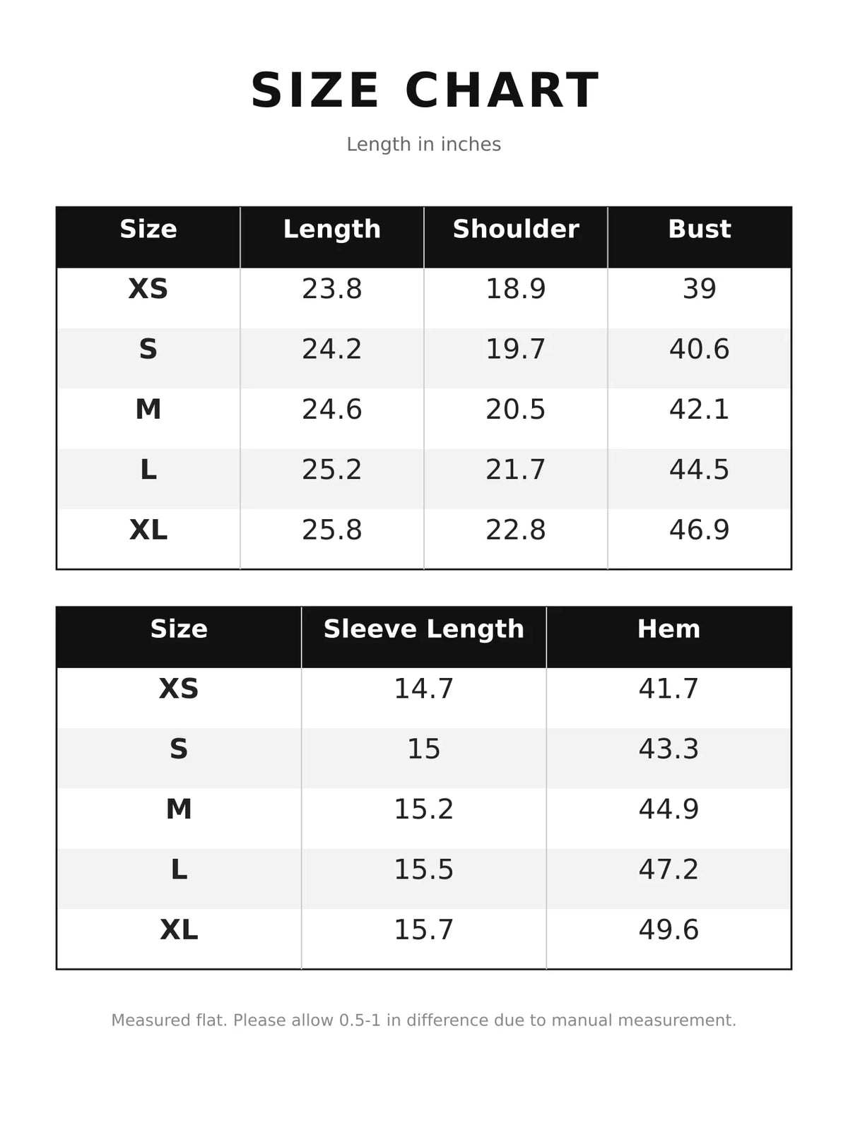 Size chart for notched-neck shirt