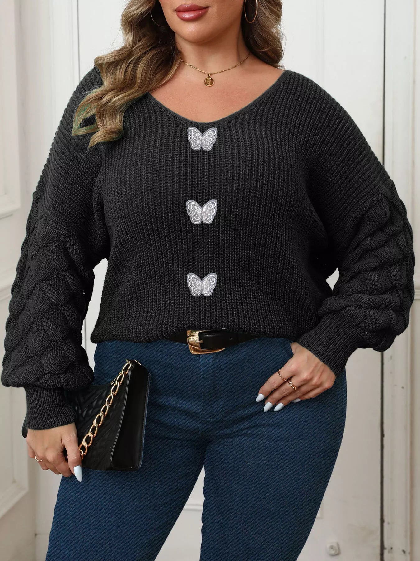 Trendsi Plus Size Butterfly Dropped Shoulder Sweater -