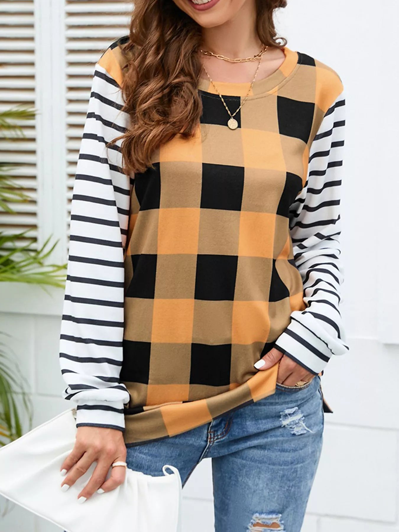 Trendsi Plaid and Stripe Contrast Long Sleeve T-Shirt - Shirts