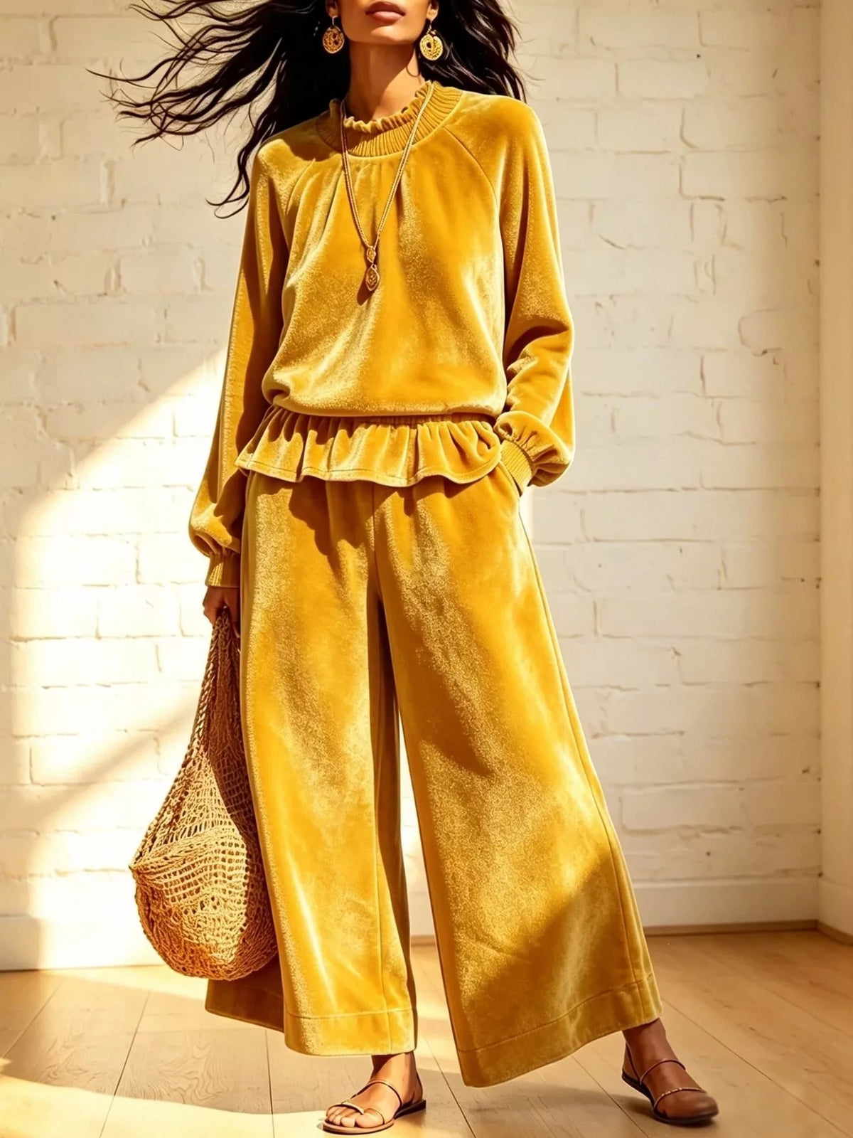 Yellow velvet ruffled hem top and wide-leg pants set — front view
