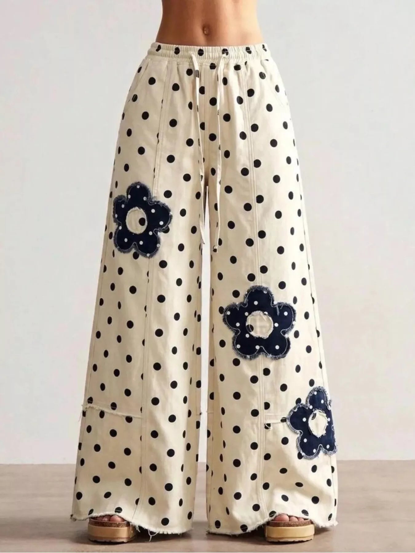 Trendsi Floral Applique Polka Dot Wide-Leg Jeans -