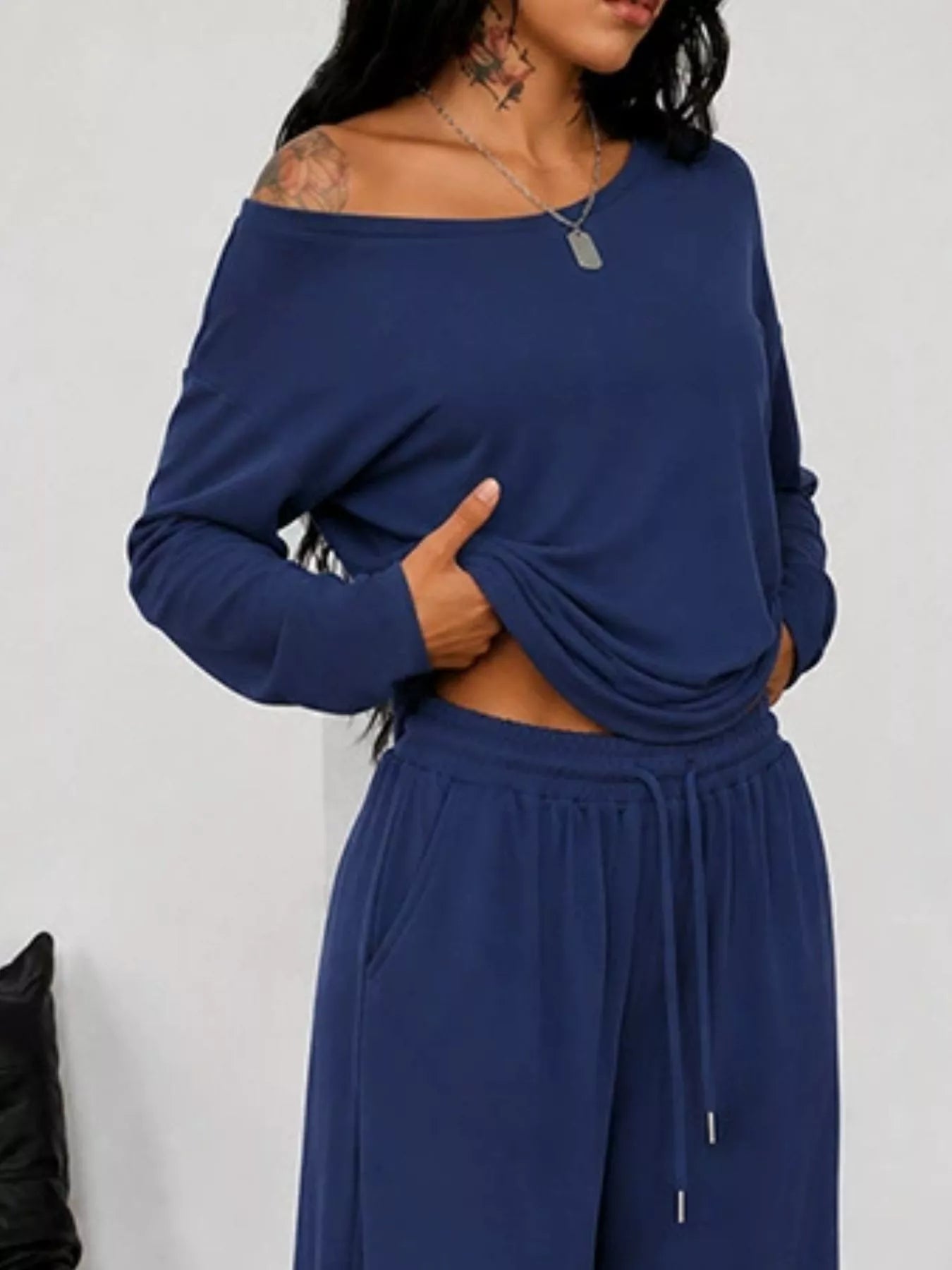 Trendsi Full Size One-Shoulder Top and Drawstring Pants Set Plus Size -
