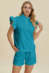 Trendsi Double Take Full Size Texture Flounce Sleeve Top and Shorts Set -