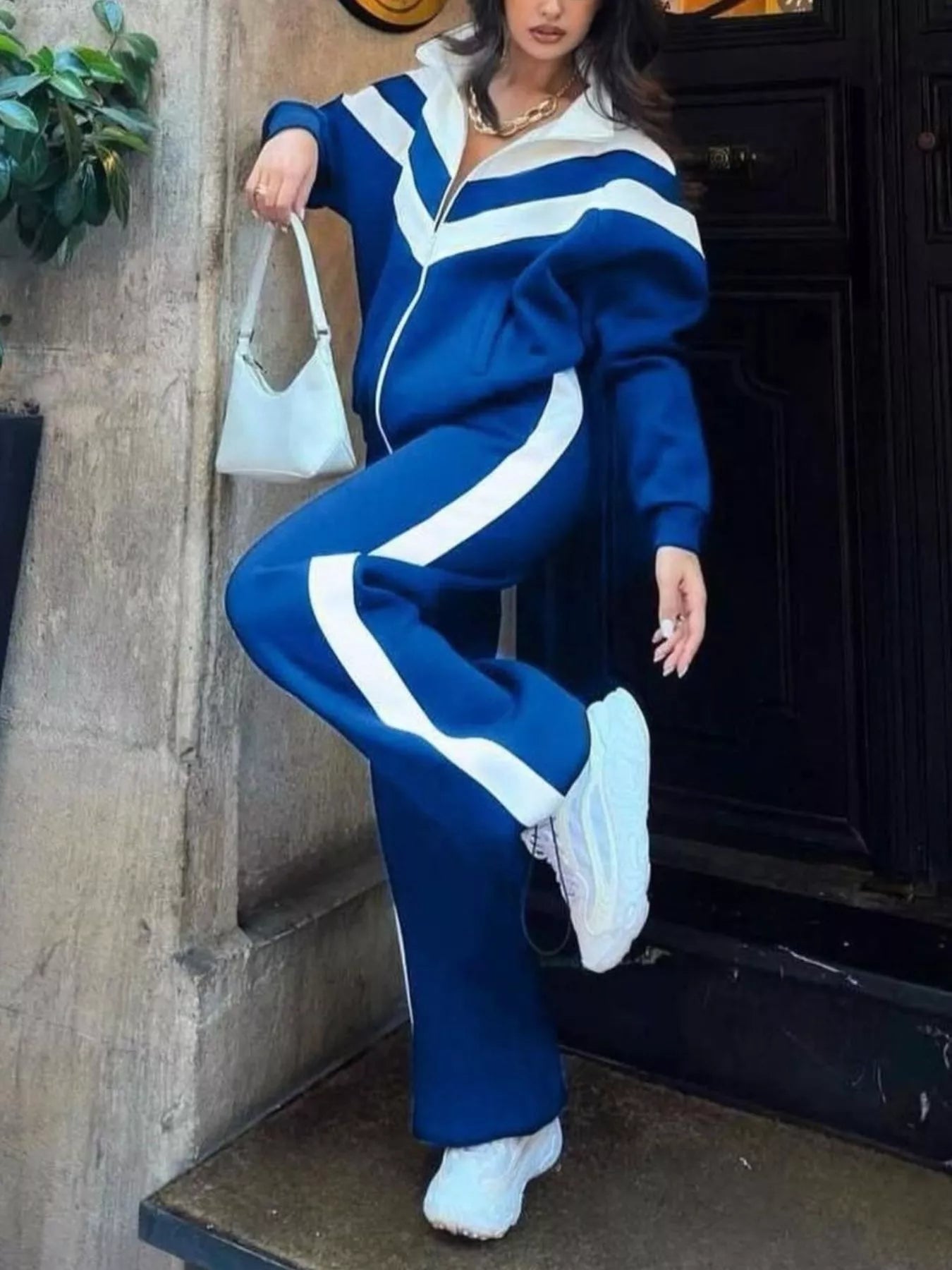 Trendsi Color Block Zip-Up Outerwear and Pants Set -