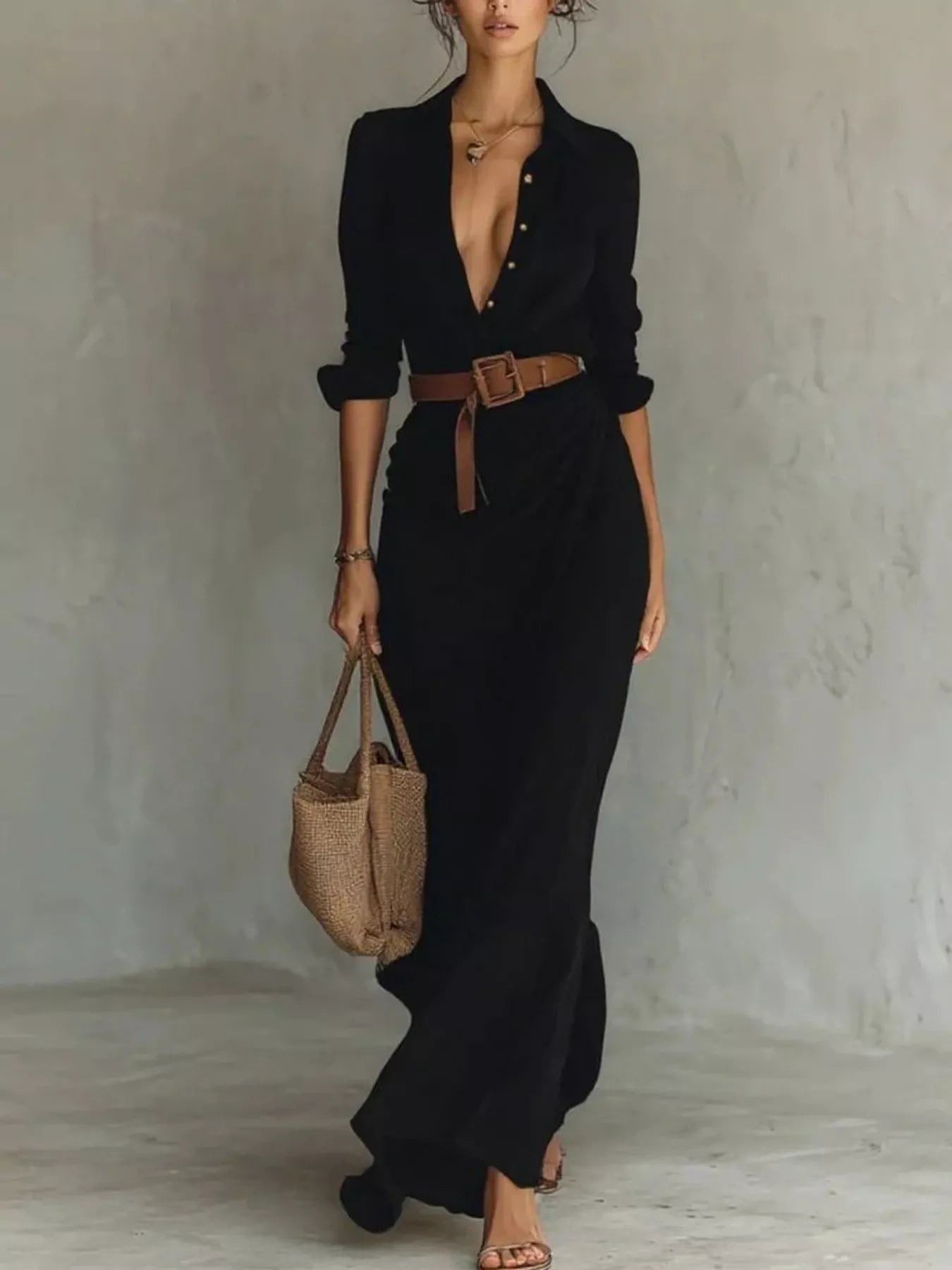 Trendsi Full Size Elegant V-Neck Ruched Maxi Dress with Belt Plus Size -