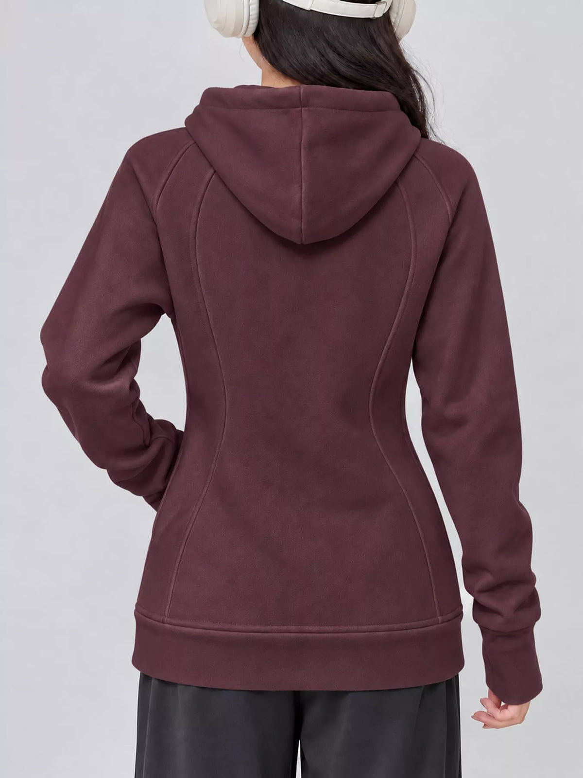 Slim-Fit Full-Zip Thumb Hole Long Sleeve Hoodie with Pockets — back view